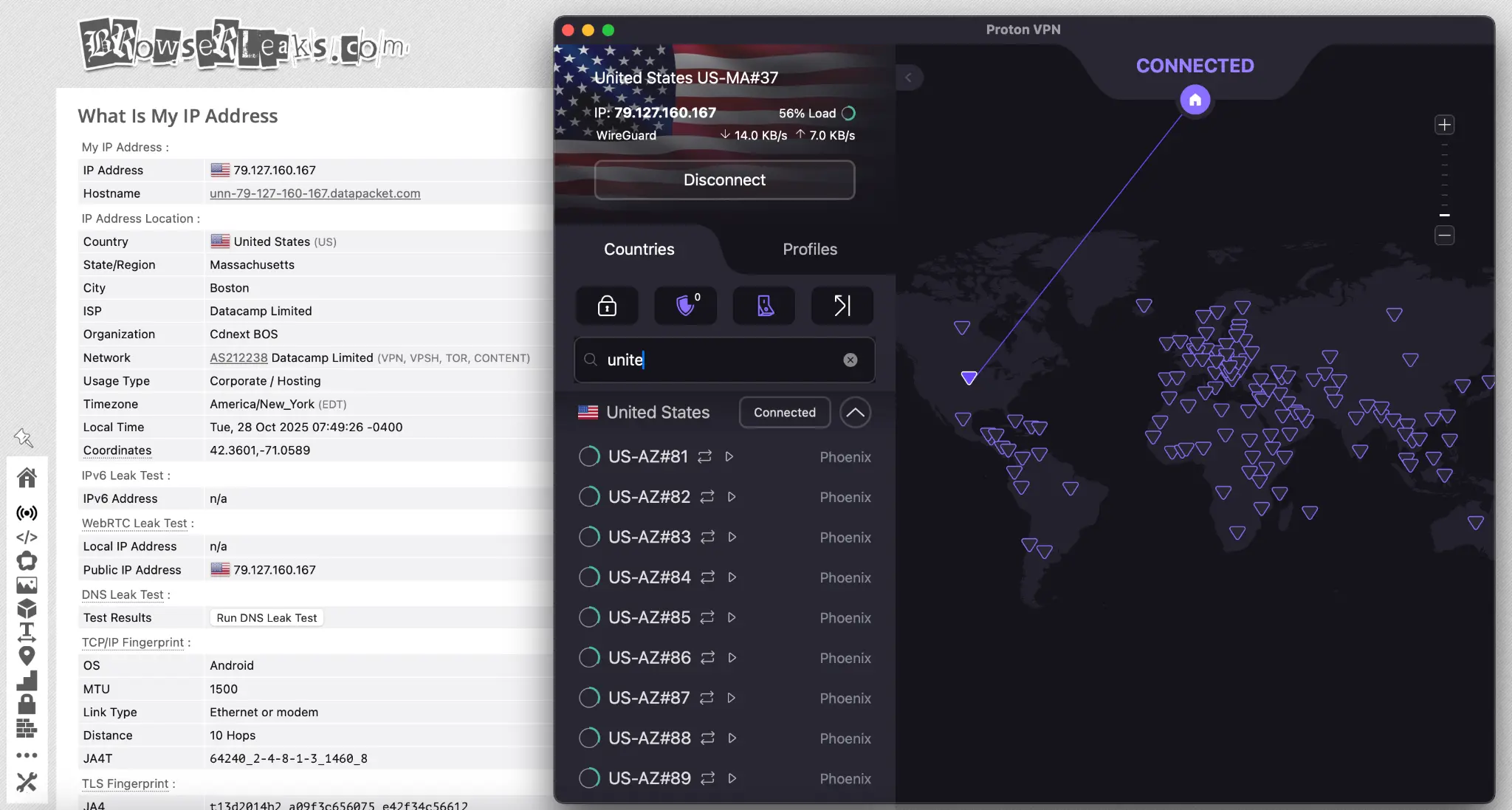 protonvpn-boston-ip-leak-test | Venclikovi.com Proton VPN connected to a US server in Boston showing no IP leaks on BrowserLeaks.