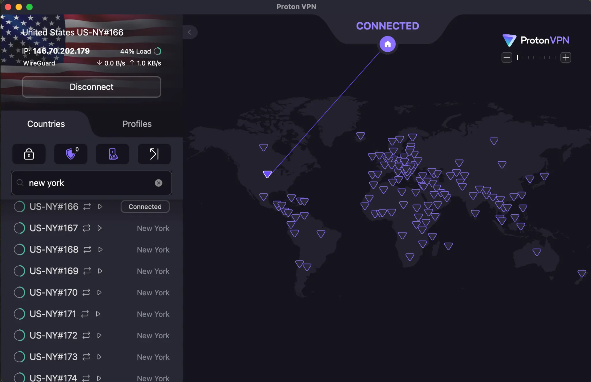 protonvpn-connected-new-york-map | Venclikovi.com Proton VPN map view showing active connection to New York with global server coverage.