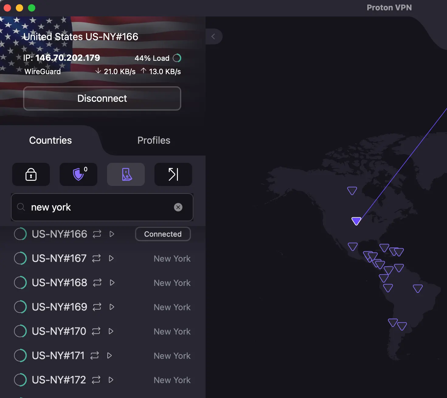 protonvpn-new-york-server-wireguard | Venclikovi.com Proton VPN connected to New York server using WireGuard protocol on macOS.