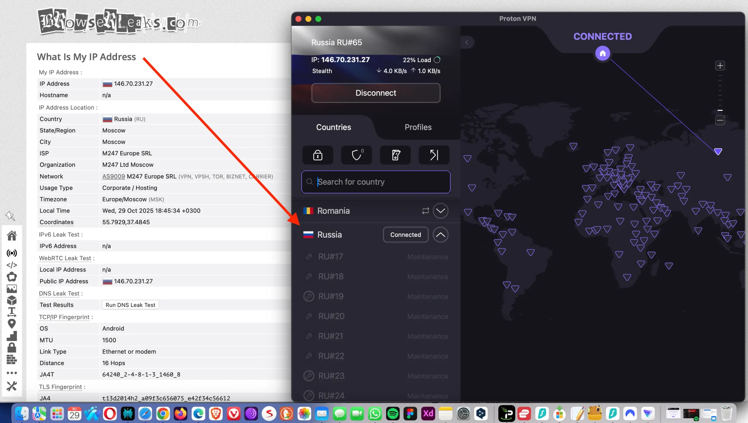 protonvpn-russia-ip-address-test-browserleaks | Venclikovi.com My public IP address detected as Moscow while using ProtonVPN Russia server proof the VPN connection worked.