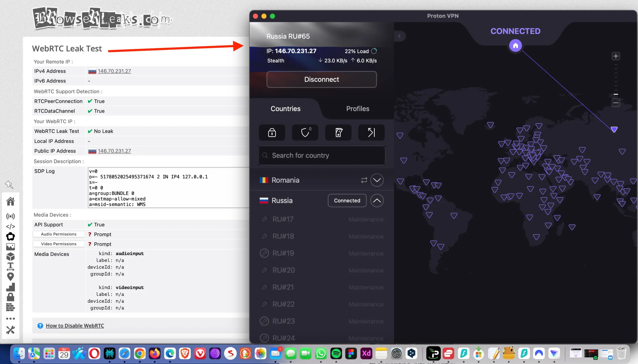 protonvpn-russia-webrtc-leak-test-browserleaks | Venclikovi.com ProtonVPN passing WebRTC leak test with no exposed IP address Stealth protocol active on Russia server.