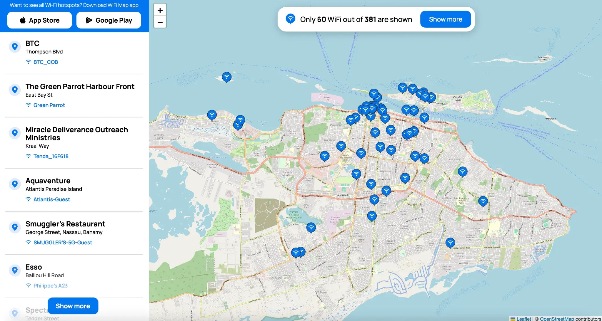 public-wifi-bahamas | Venclikovi.com WiFi Map app showing live public hotspots at BTC, Green Parrot, Atlantis Guest, and other downtown Nassau locations