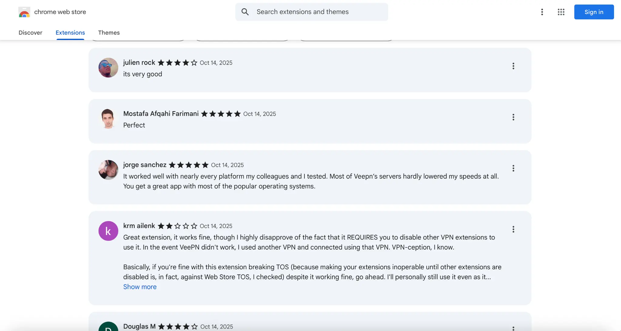 Screenshot showing user reviews for VeePN on the Chrome Web Store, with comments praising its compatibility, speed, and reliability across platforms, alongside one mixed review noting issues with extension conflicts.