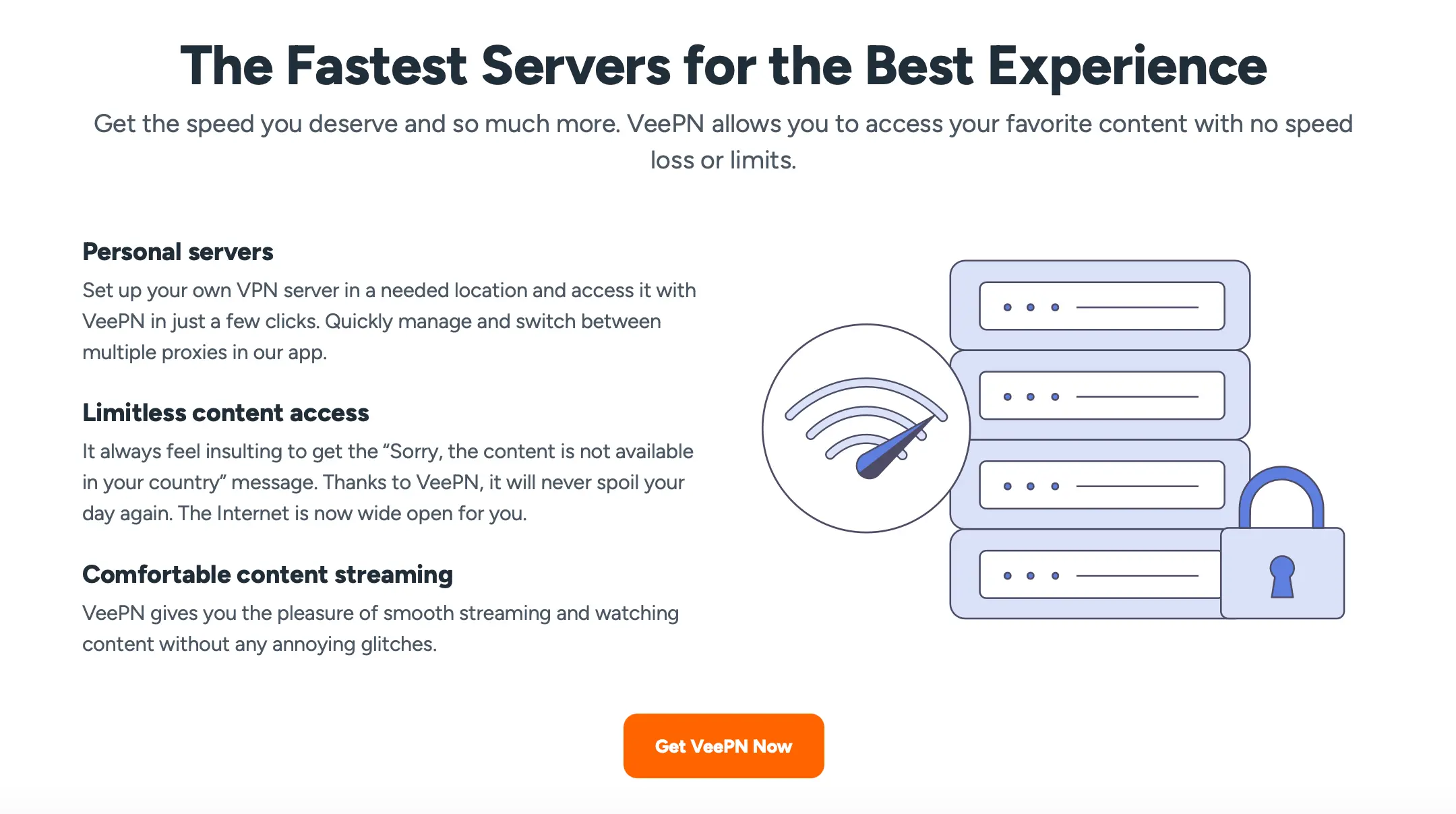 VeePN high-speed servers with streaming and unrestricted content access benefits