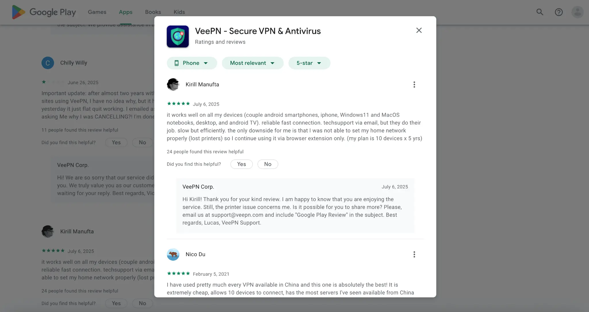 Screenshot of Google Play reviews for VeePN – Secure VPN & Antivirus, highlighting a 5-star user review praising its compatibility with multiple devices, reliable speed, and responsive customer support, with a developer reply addressing specific concerns.