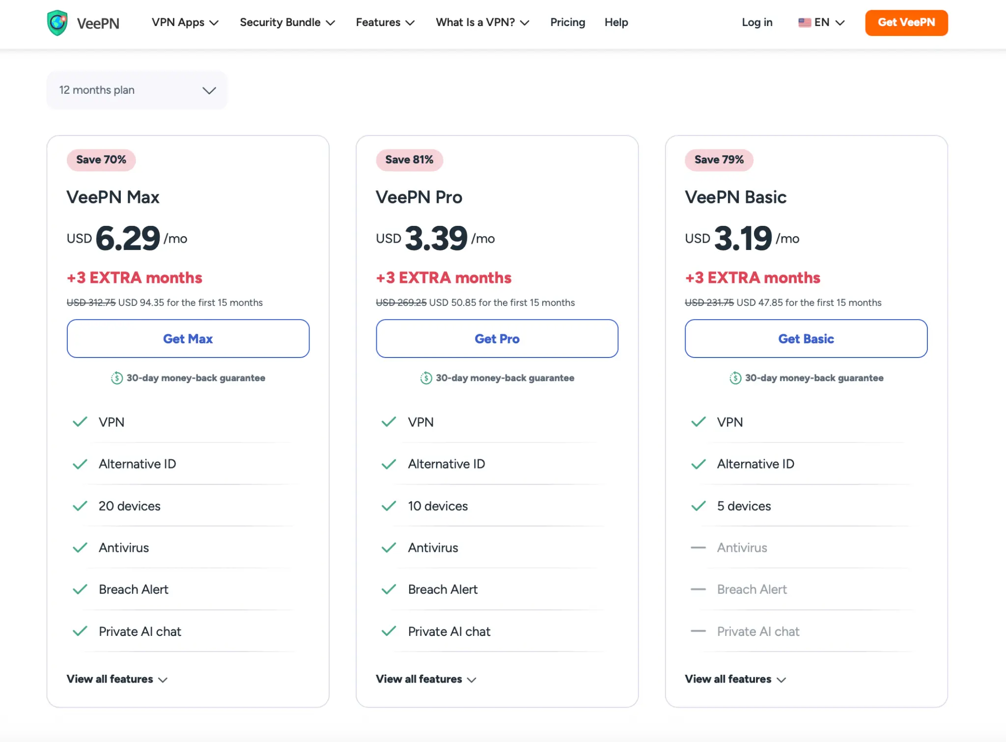 VeePN 1-year plan prices and discounts with feature breakdown for Basic, Pro, and Max