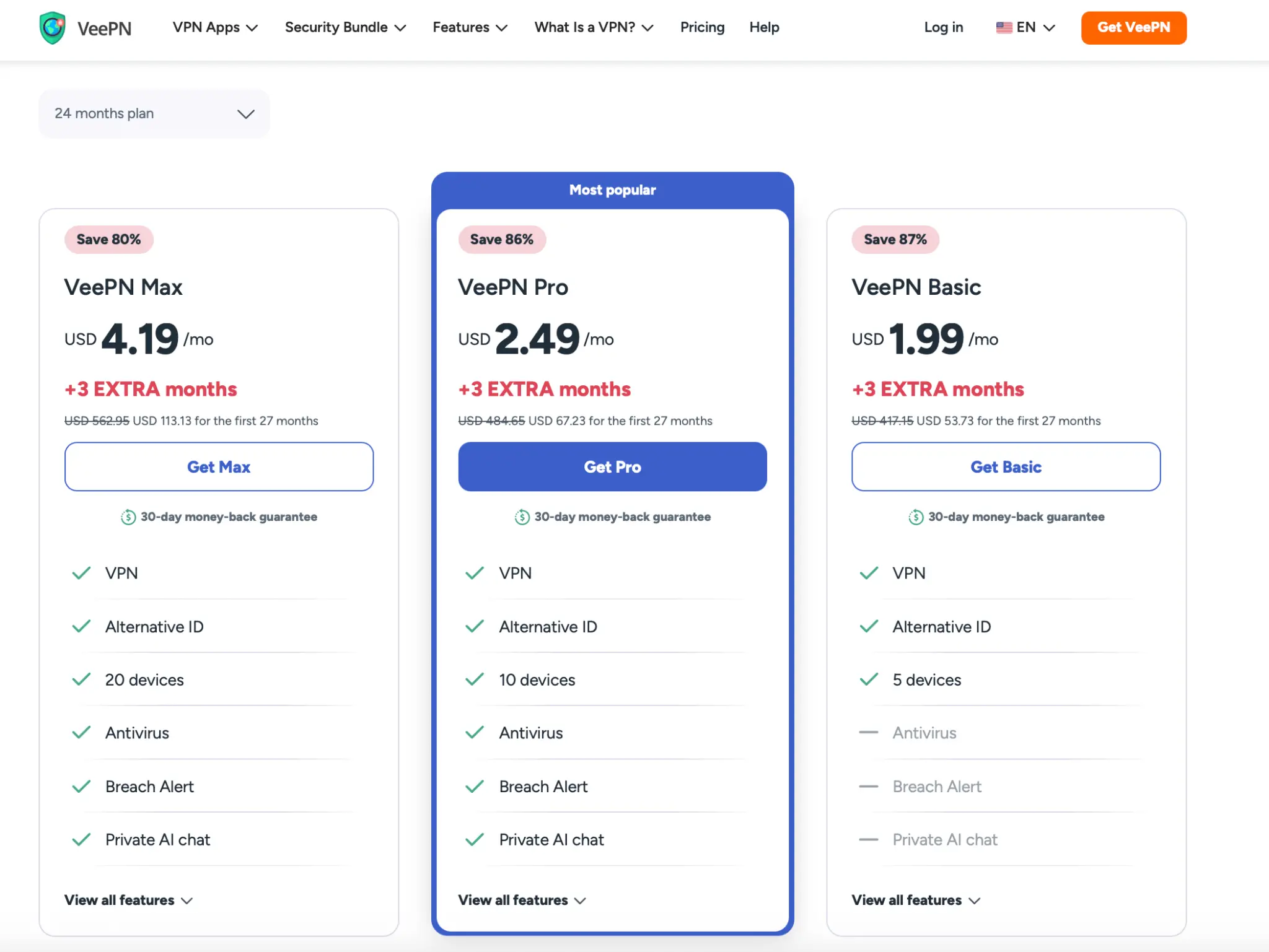 VeePN 2-year plan pricing with 3 extra months and biggest discounts across all tiers