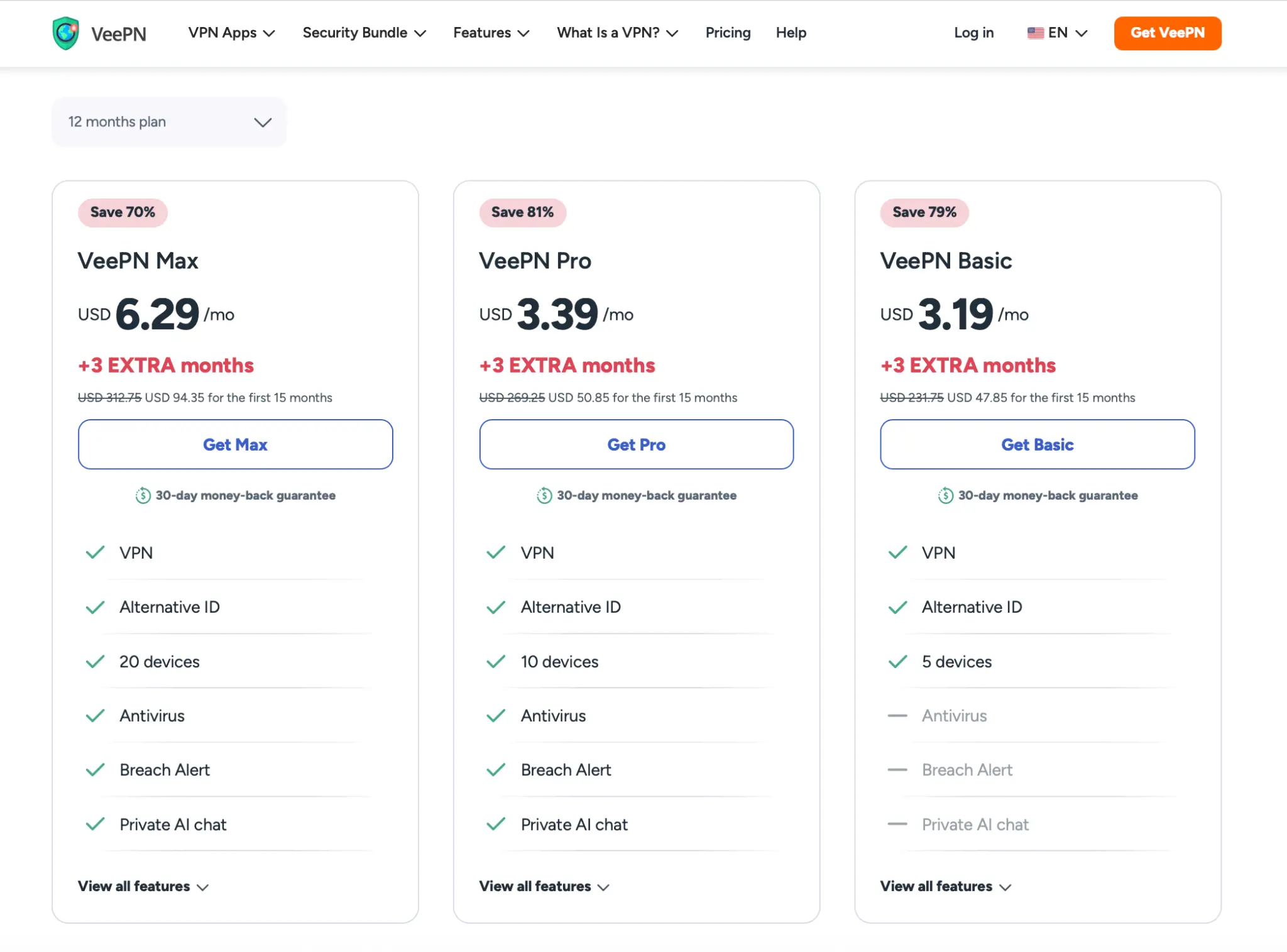 Side-by-side comparison of VeePN plans for 12-month billing with extra 3 months, highlighting discounts and features per tier