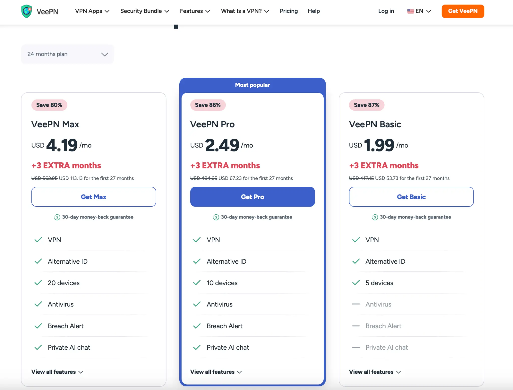 VeePN's 24-month plan comparison with Max, Pro, and Basic options, showing lowest prices and full feature breakdown