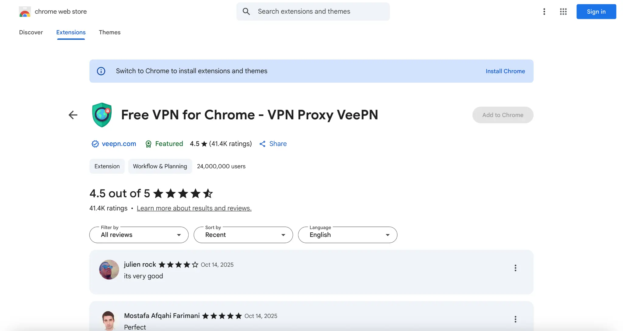 Screenshot of the VeePN Chrome extension page showing a 4.5 out of 5 rating from over 41,000 users, with 24 million installations and positive user reviews praising the extension’s performance and simplicity.