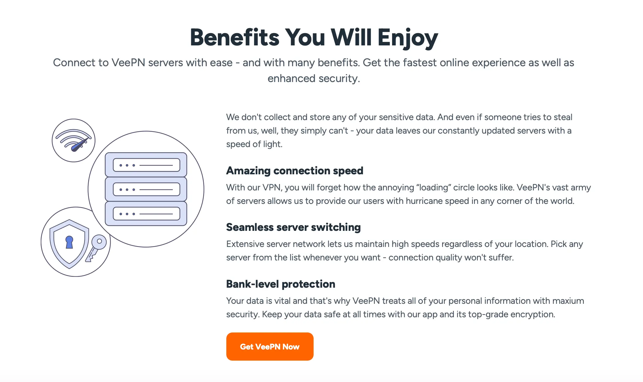 Benefits of VeePN servers including fast connection, privacy, and server switching