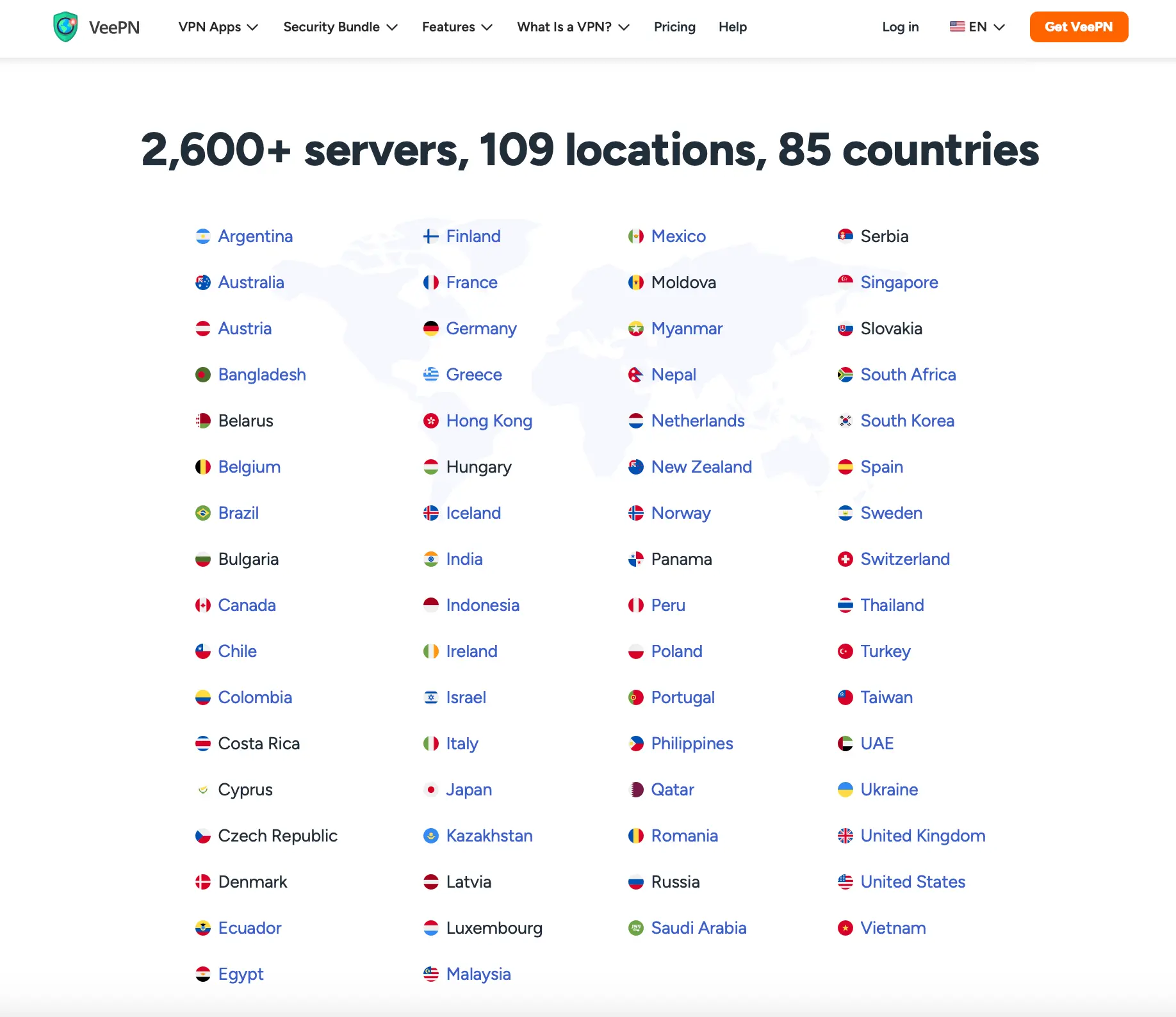VeePN global server network with 2600+ servers in 85 countries and 109 locations