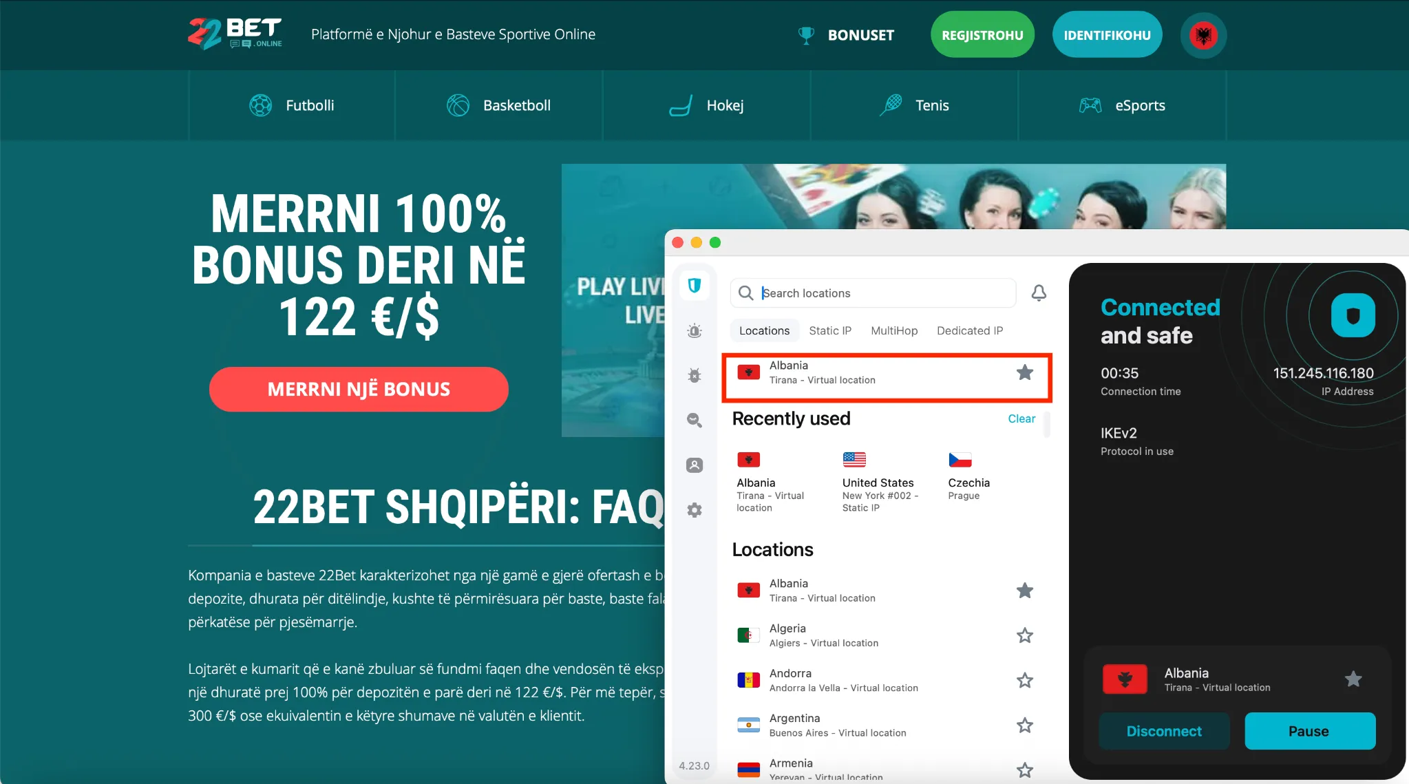 22Bet Albania bonus page with VPN app showing active connection to Tirana server for safe access.