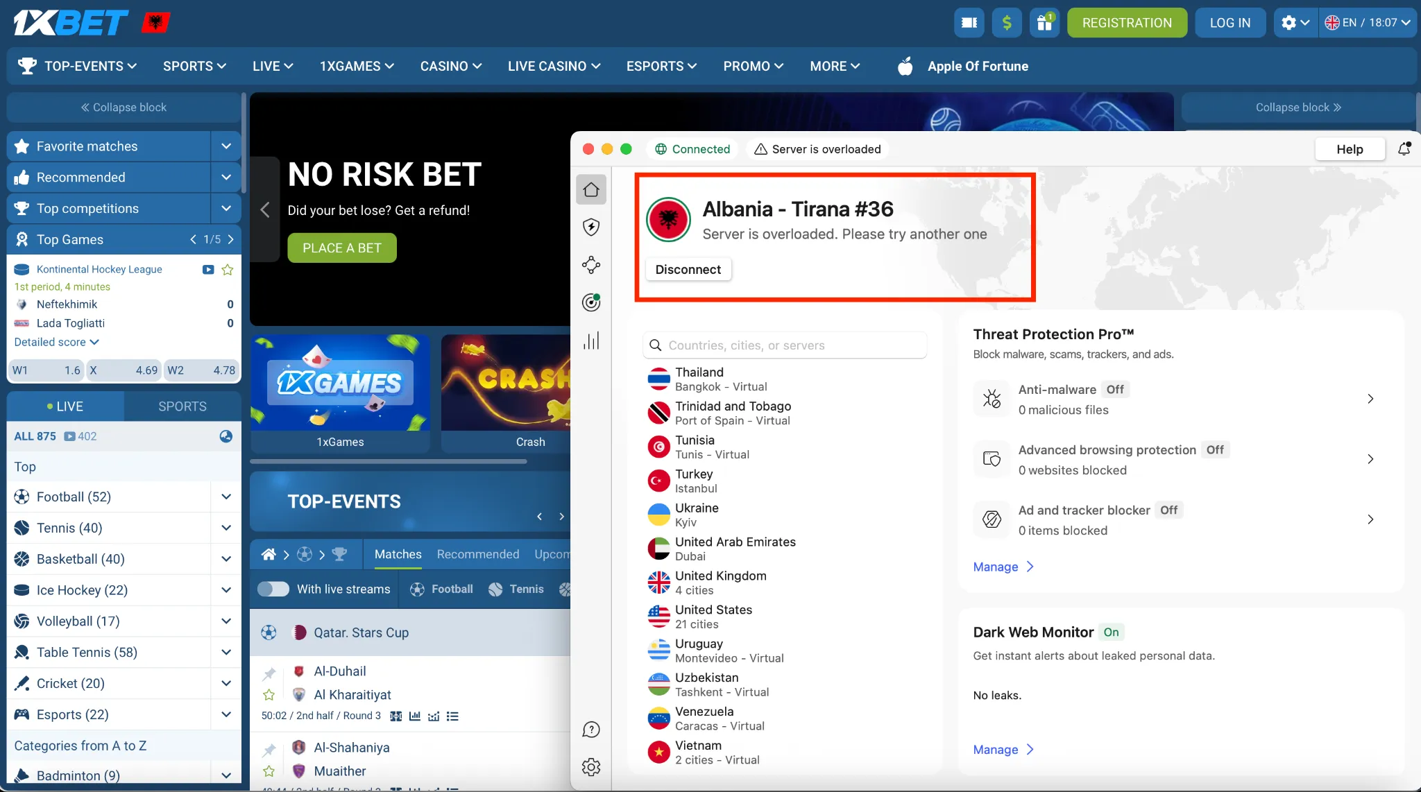1xBet sports betting homepage with VPN app showing overloaded Albania server in Tirana.