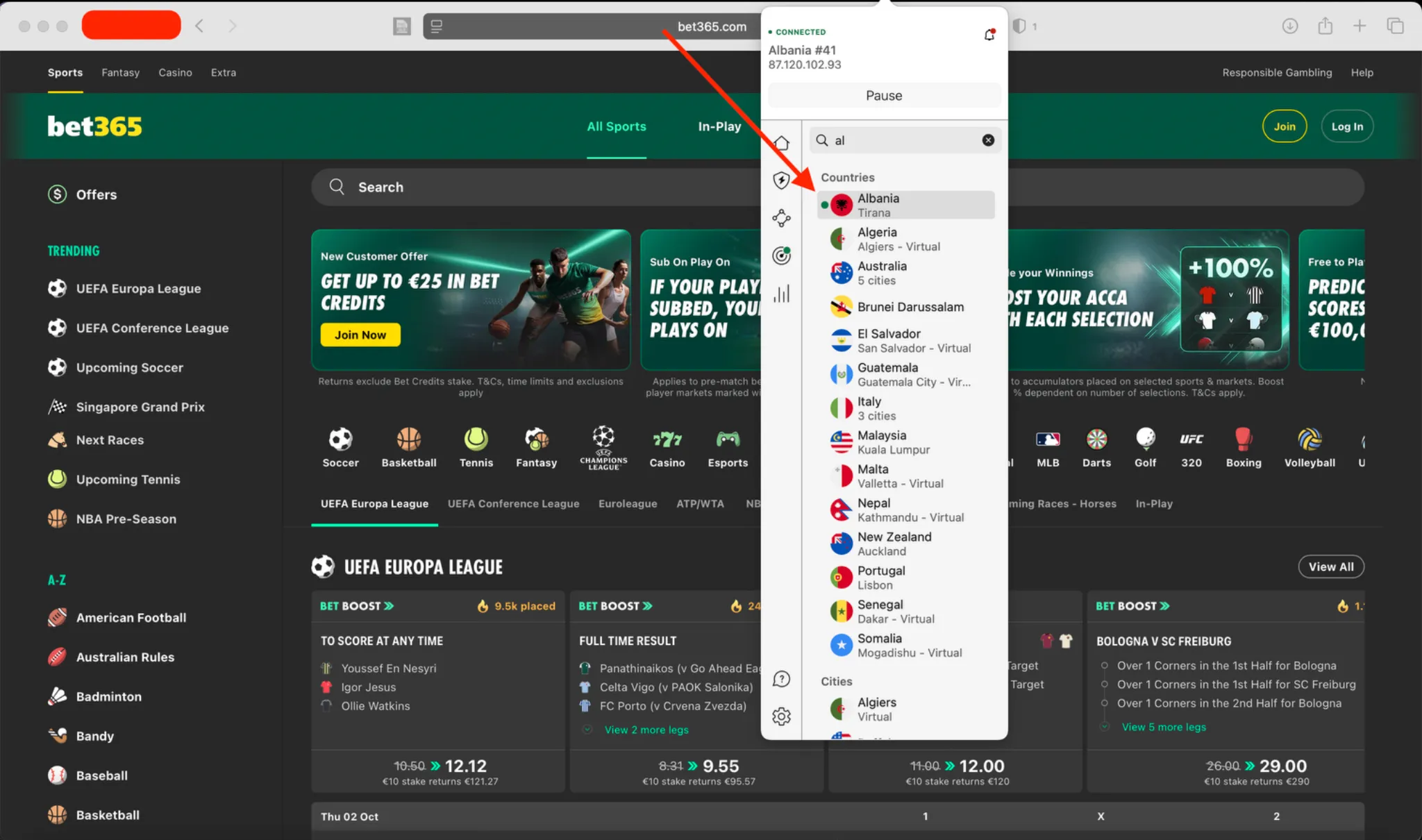 Bet365 sportsbook open with VPN connected to Albania server, bypassing geoblocks.