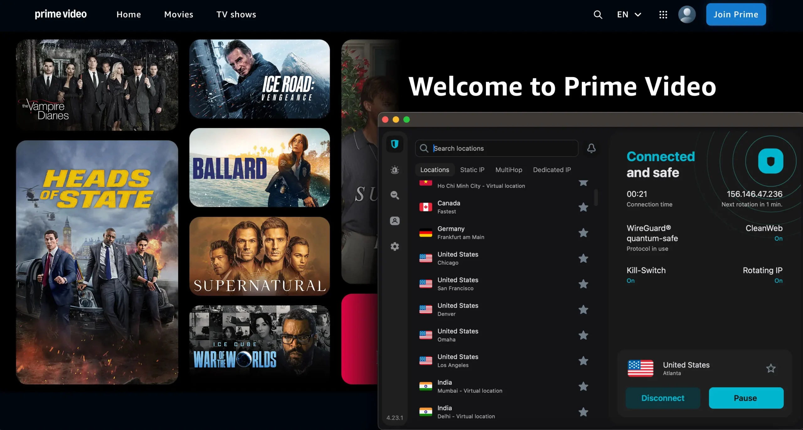 Amazon Prime SurfShark VPN | Venclikovi.com Streaming Amazon Prime US with Surfshark connected to an Atlanta server — works flawlessly with titles like Supernatural, Heads of State, and The Vampire Diaries.