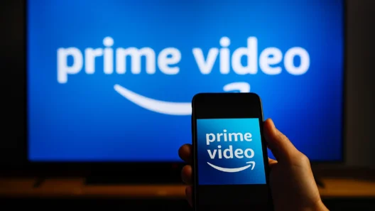 Hand holding a smartphone with the Amazon Prime Video logo in front of a large TV screen displaying the same interface, illustrating how VPN users stream Prime content across devices while traveling.