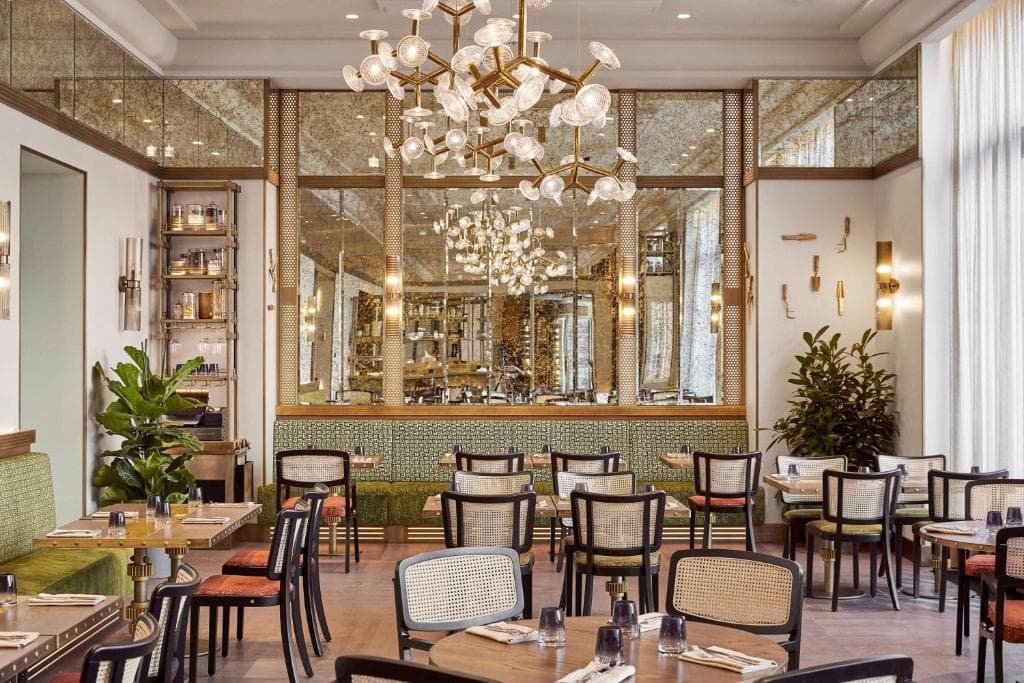 Andaz Prague-2 | Venclikovi.com Stylish restaurant at Andaz Prague with mirrored walls, modern lighting, and elegant art deco touches.