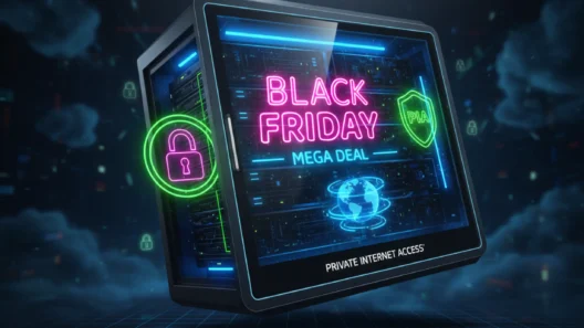 Neon-style visual showing Private Internet Access Black Friday Mega Deal with glowing padlock and globe, highlighting PIA’s 85% off VPN offer for 2025.