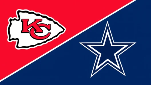 Kansas City Chiefs and Dallas Cowboys logos on a split background, symbolizing their upcoming NFL Thanksgiving 2025 matchup.