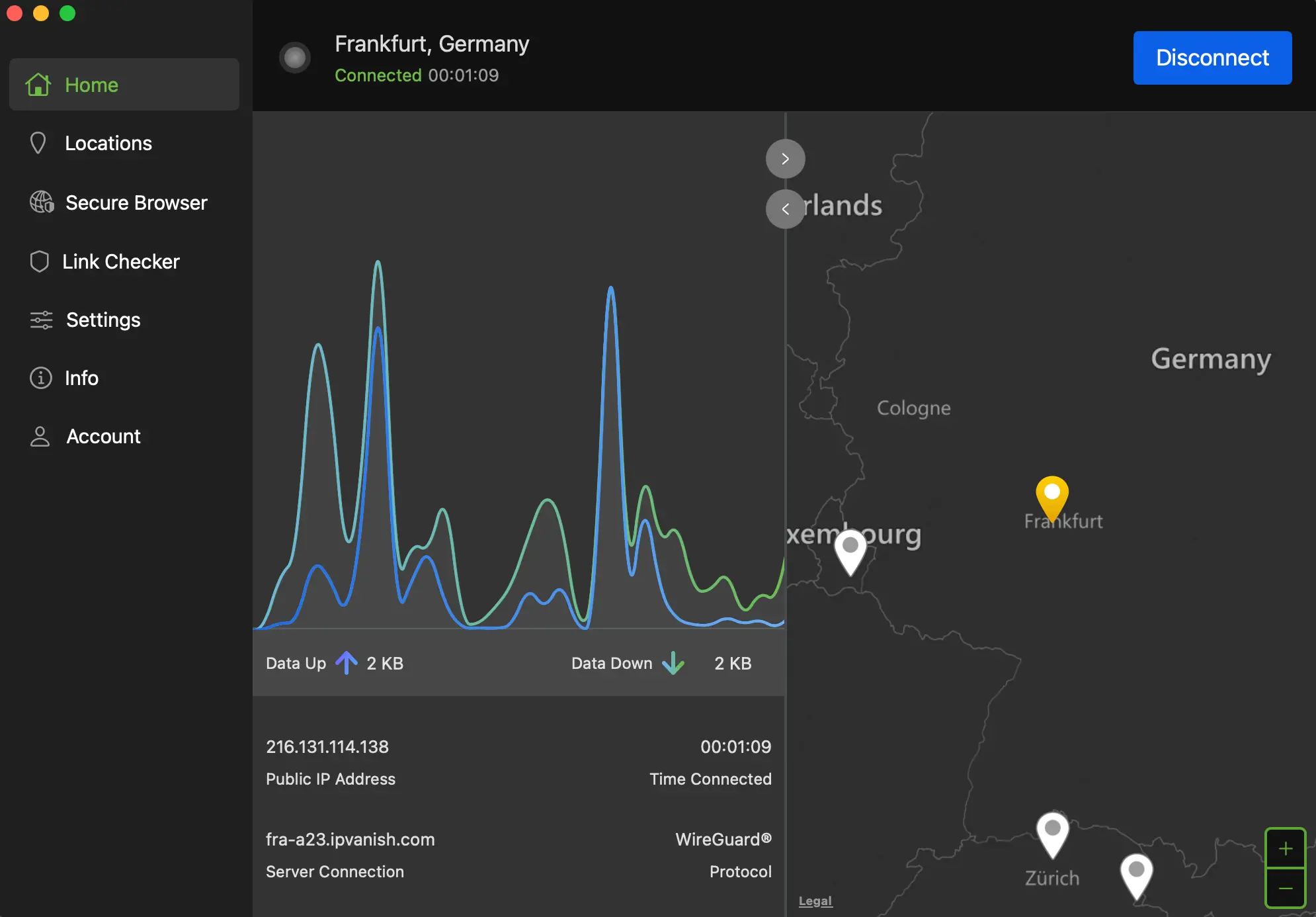 IPVanish app for MacOS connect to Germany | Venclikovi.com IPVanish app on macOS connected to a Frankfurt Germany server using WireGuard with live upload and download activity.