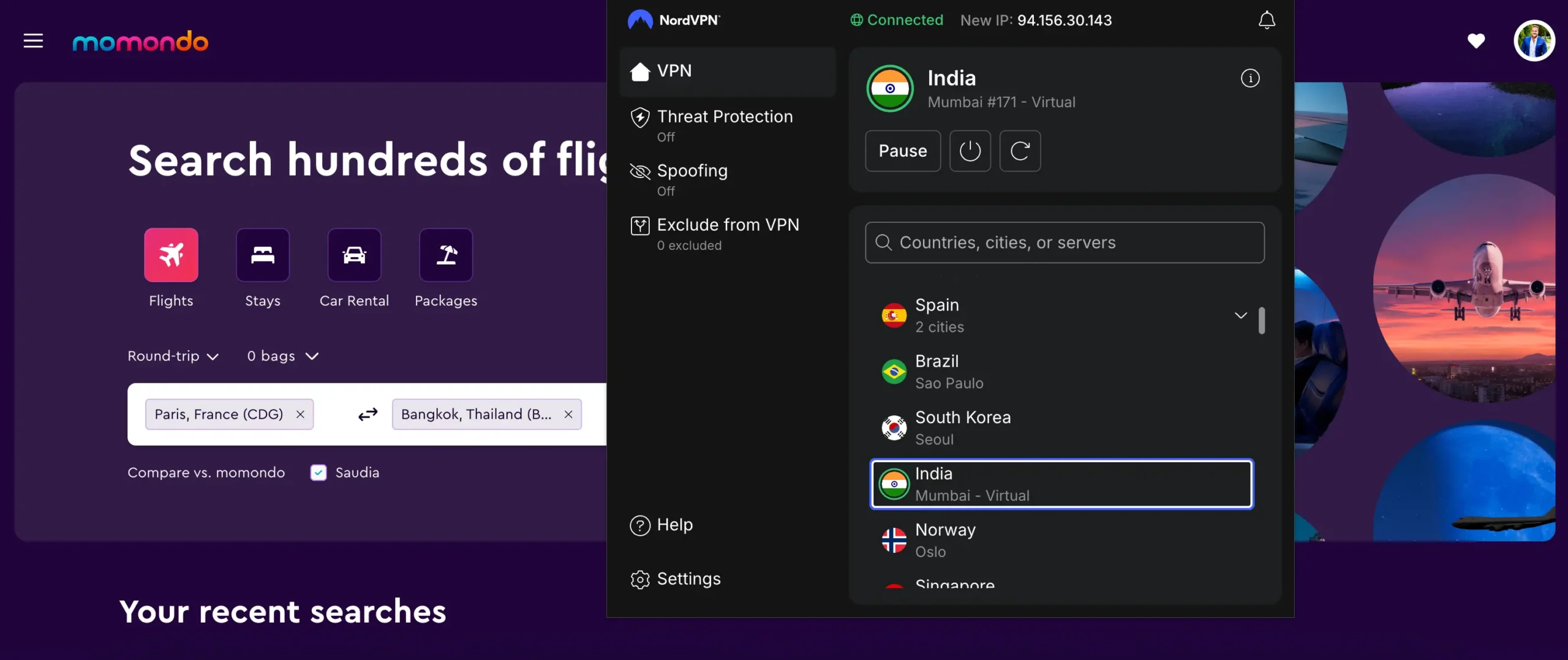 India NordVPN server | Venclikovi.com Momondo flight search showing Paris to Bangkok while NordVPN is connected to an India server to check for regional fare changes