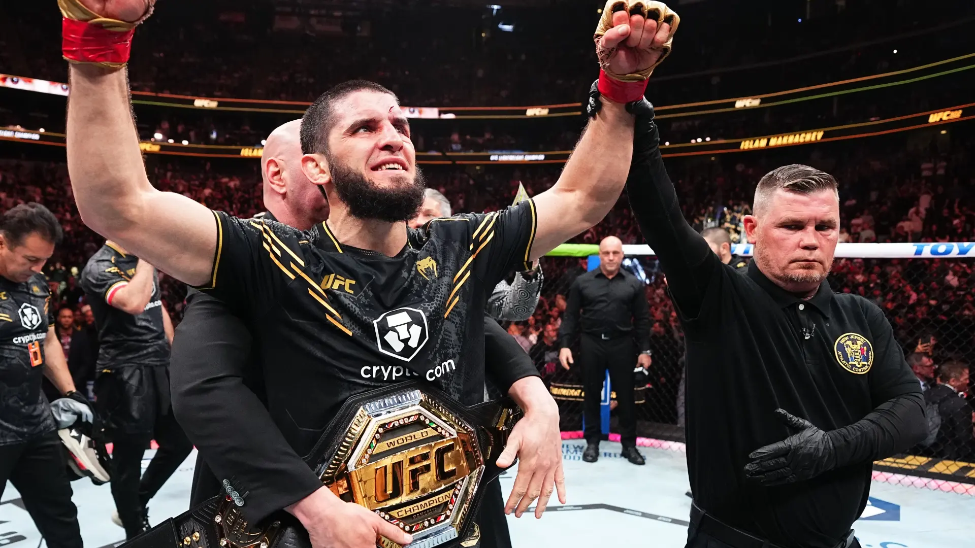 Islam Makhachev | Venclikovi.com Islam Makhachev with his UFC belt after another dominant win, preparing to move up for a second title at UFC 322