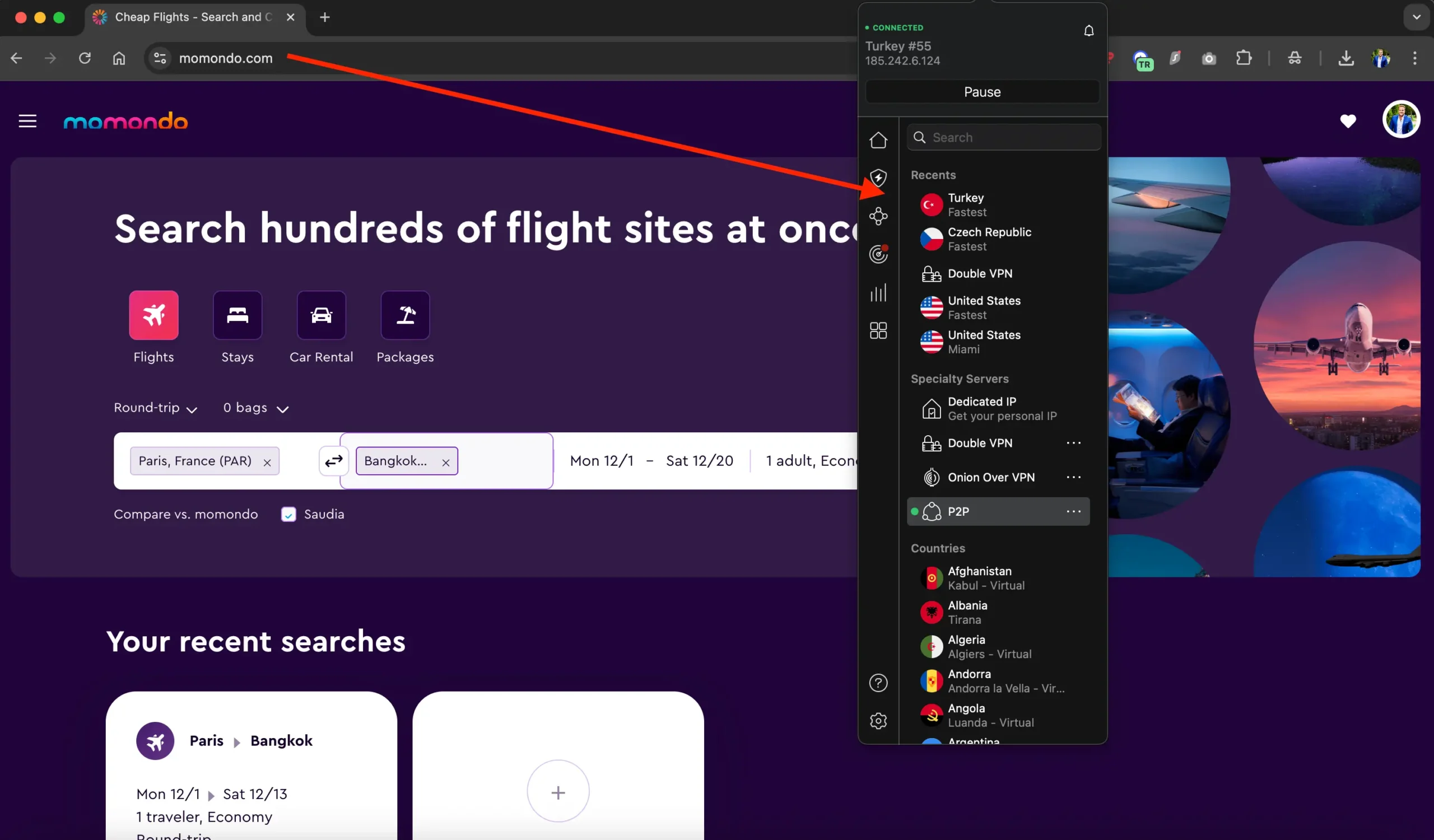 Momondo - connect do NordVPN Turkey | Venclikovi.com Searching Paris to Bangkok on Momondo while connected to NordVPN’s Turkey server to test regional flight prices