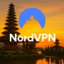 NordVPN logo over a sunset view of a Balinese temple, used as a banner image for the Indonesia VPN guide.