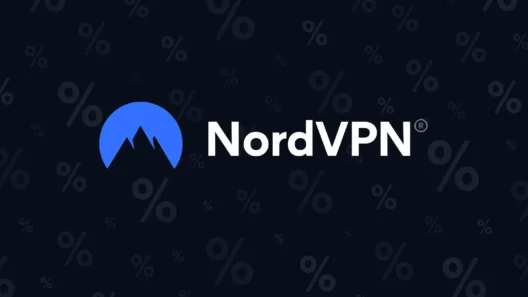 NordVPN logo centered on a dark background filled with percentage symbols, highlighting discounts and deals visually
