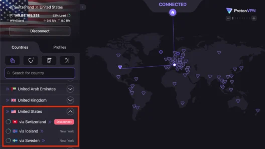 ProtonVPN desktop app showing Secure Core connection routed from Switzerland to the United States with additional options via Iceland and Sweden.