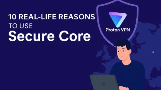 Illustration of a man using a laptop with a Proton VPN logo on a shield above him, and a subtle map of Europe in the background. The image highlights the feature “10 real-life reasons to use Secure Core.”