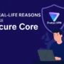 Illustration of a man using a laptop with a Proton VPN logo on a shield above him, and a subtle map of Europe in the background. The image highlights the feature “10 real-life reasons to use Secure Core.”
