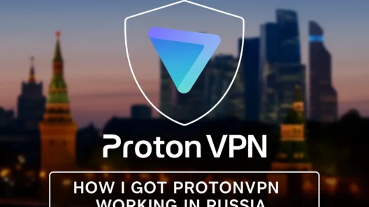 ProtonVPN promotional image featuring a blurred Moscow skyline with the ProtonVPN shield logo and white-framed text ‘How I Got ProtonVPN Working in Russia’ centered on a dark cyber-style background.