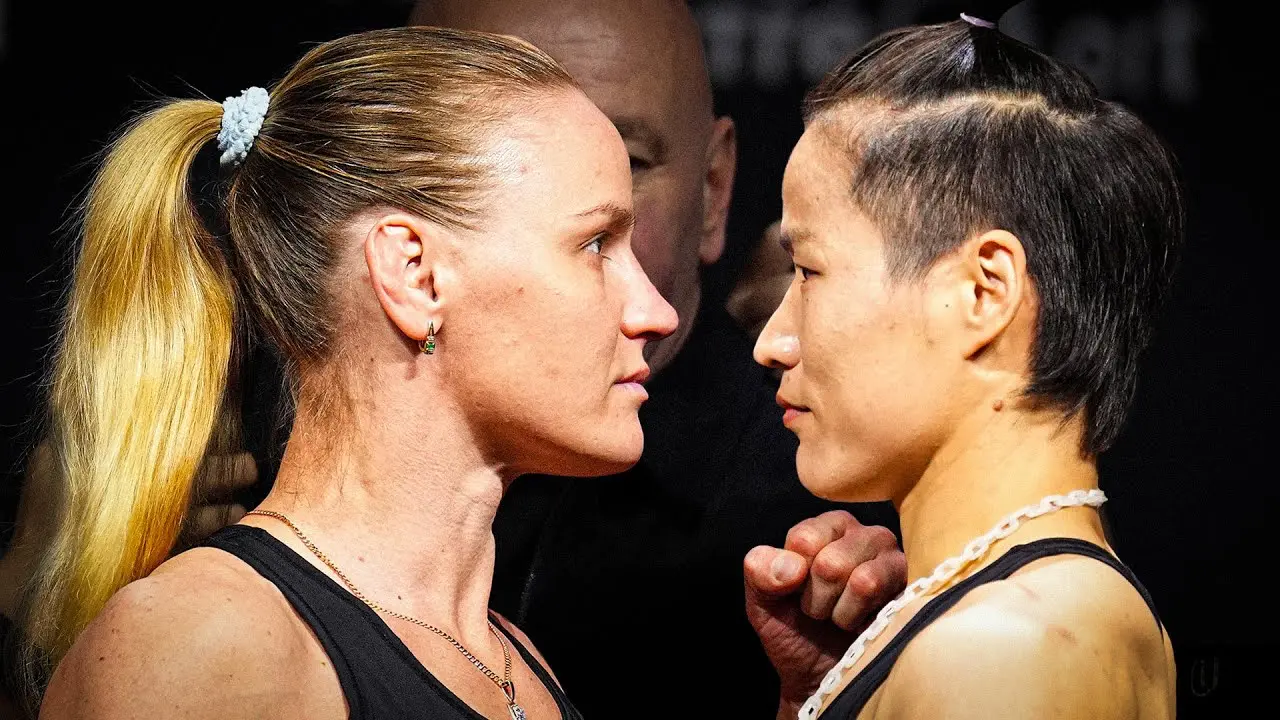 Valentina Shevchenko vs Zhang Weili | Venclikovi.com Close-up faceoff between Shevchenko and Weili during UFC 322 press conference in New York