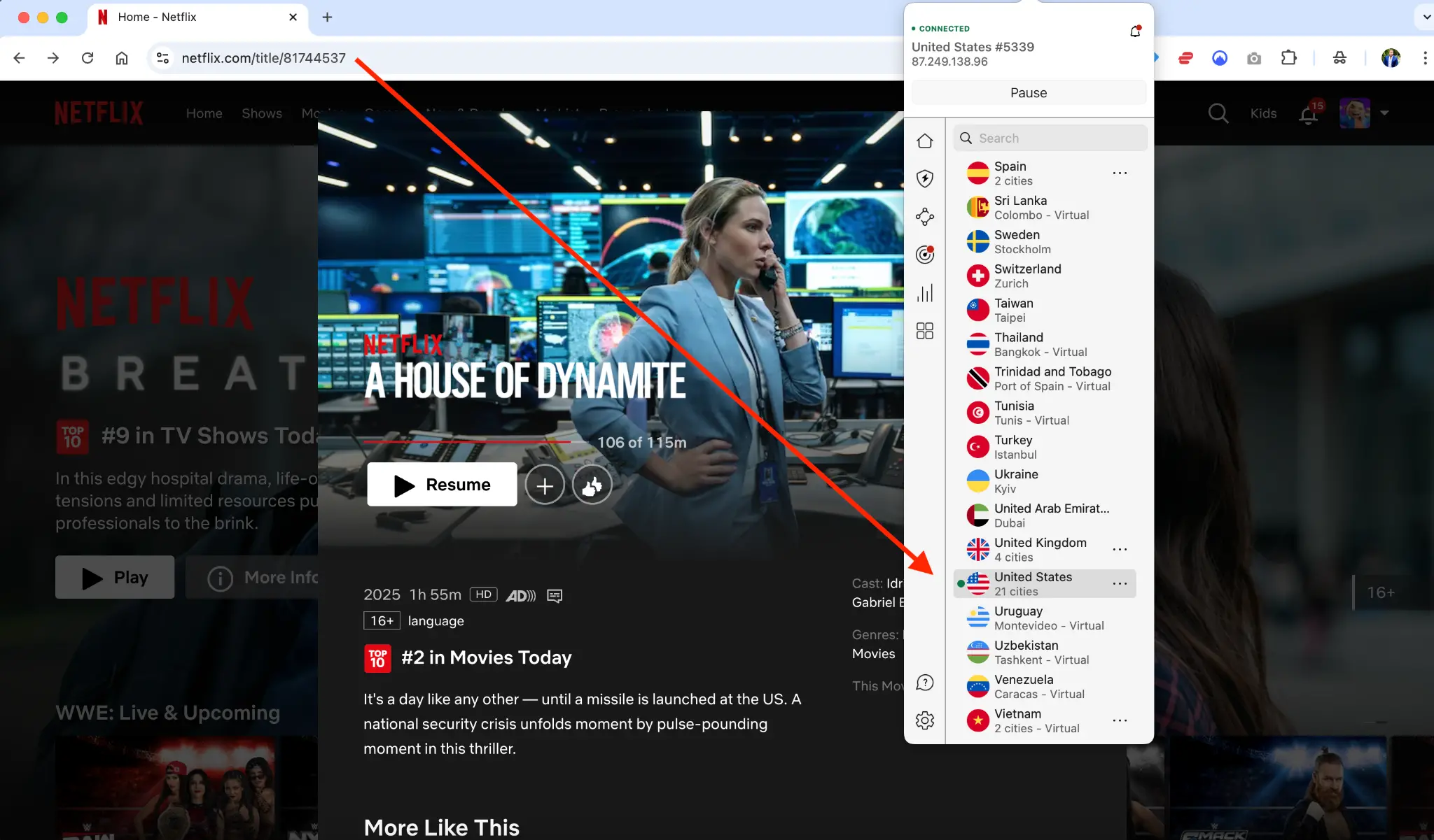 a-house-of-dynamite-2025-netflix-vpn-connection-screen | Venclikovi.com Netflix interface showing A House of Dynamite available after connecting to a U.S. VPN server