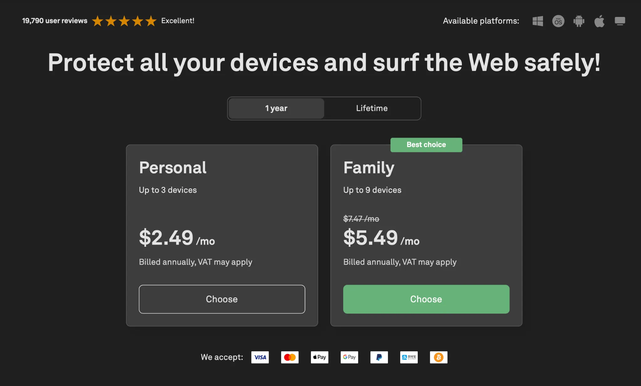 adguard-pricing-1year | Venclikovi.com AdGuard one year pricing showing Personal plan for three devices and Family plan for nine devices