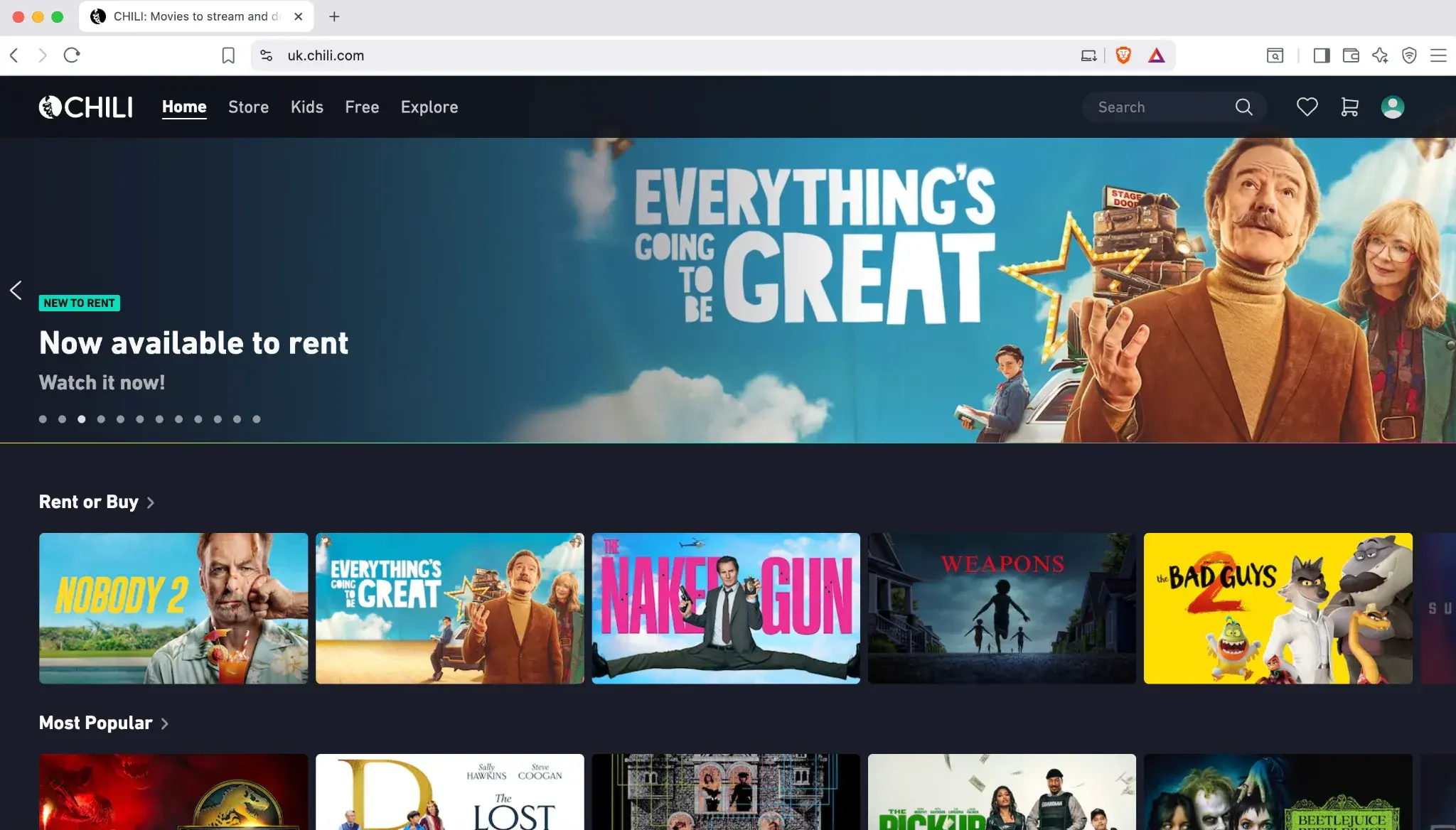 CHILI TV homepage showing new releases available to rent after accessing the platform through a VPN server in the UK