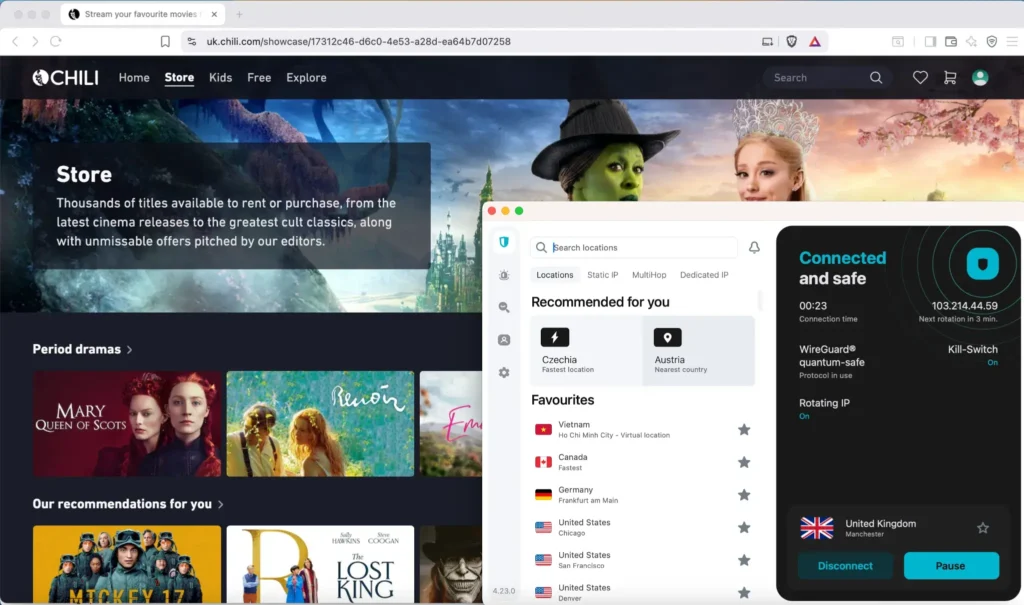 chili-tv-store-vpn-access-UK-SurfShark | Venclikovi.com CHILI TV store page showing movie titles after connecting to a UK location with a VPN for streaming access