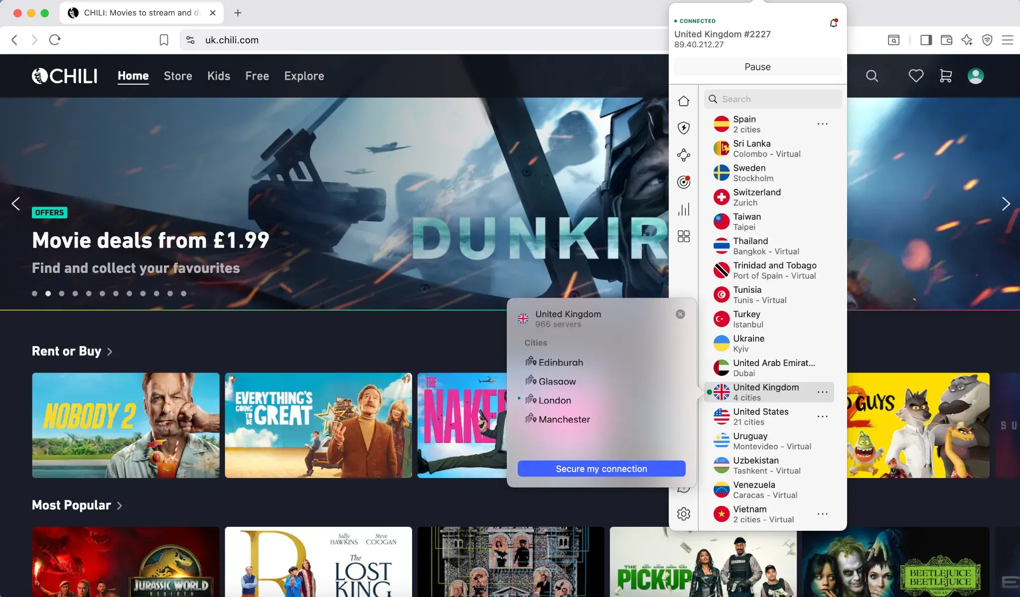 chili-tv-uk-server-connected-NordVPN-streaming | Venclikovi.com CHILI TV homepage and film library loading correctly while connected to a UK VPN server for streaming
