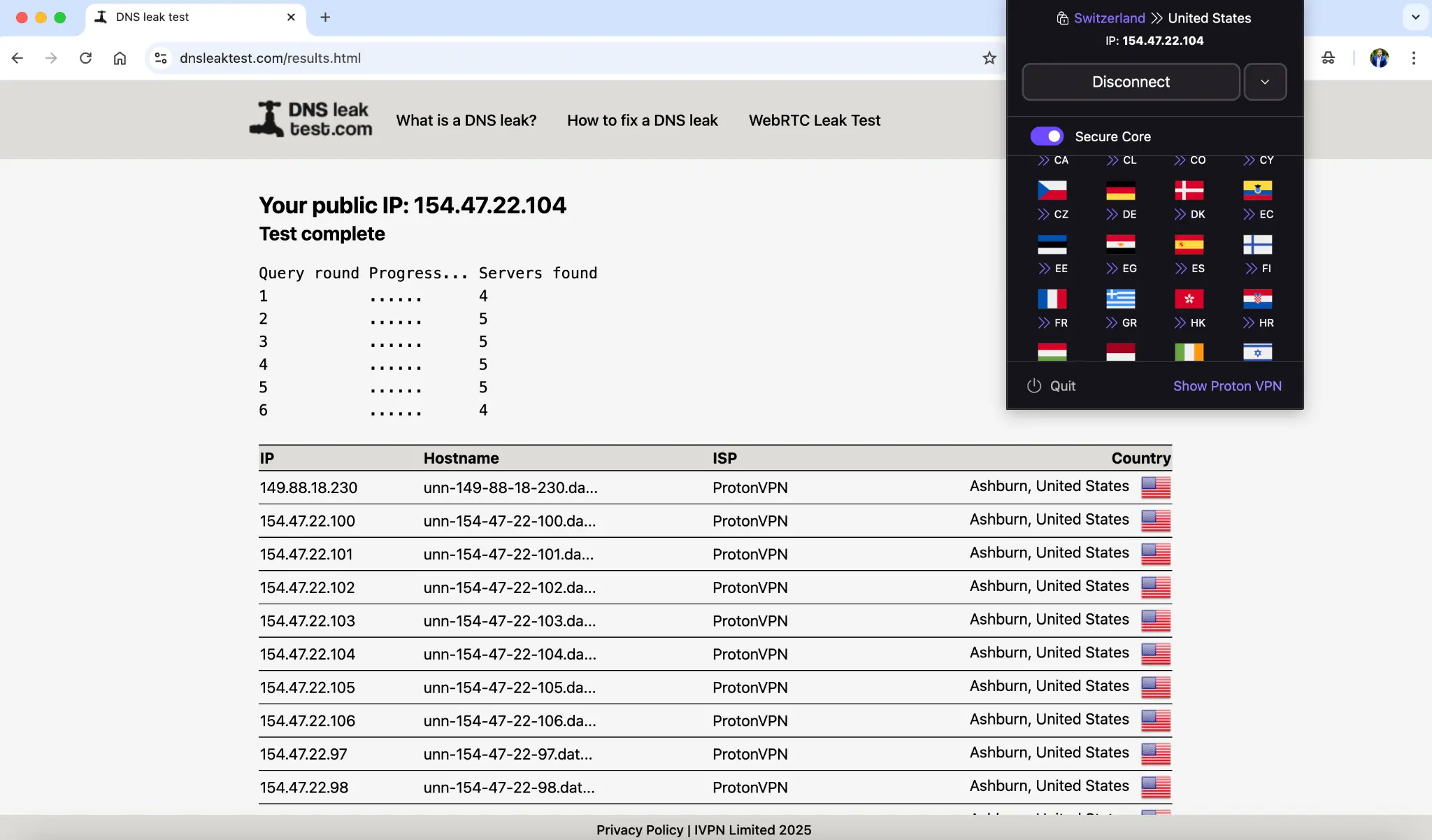 dns-leak-test-securecore-on | Venclikovi.com DNS leak test result with Secure Core enabled showing Proton VPN servers handling all DNS requests.