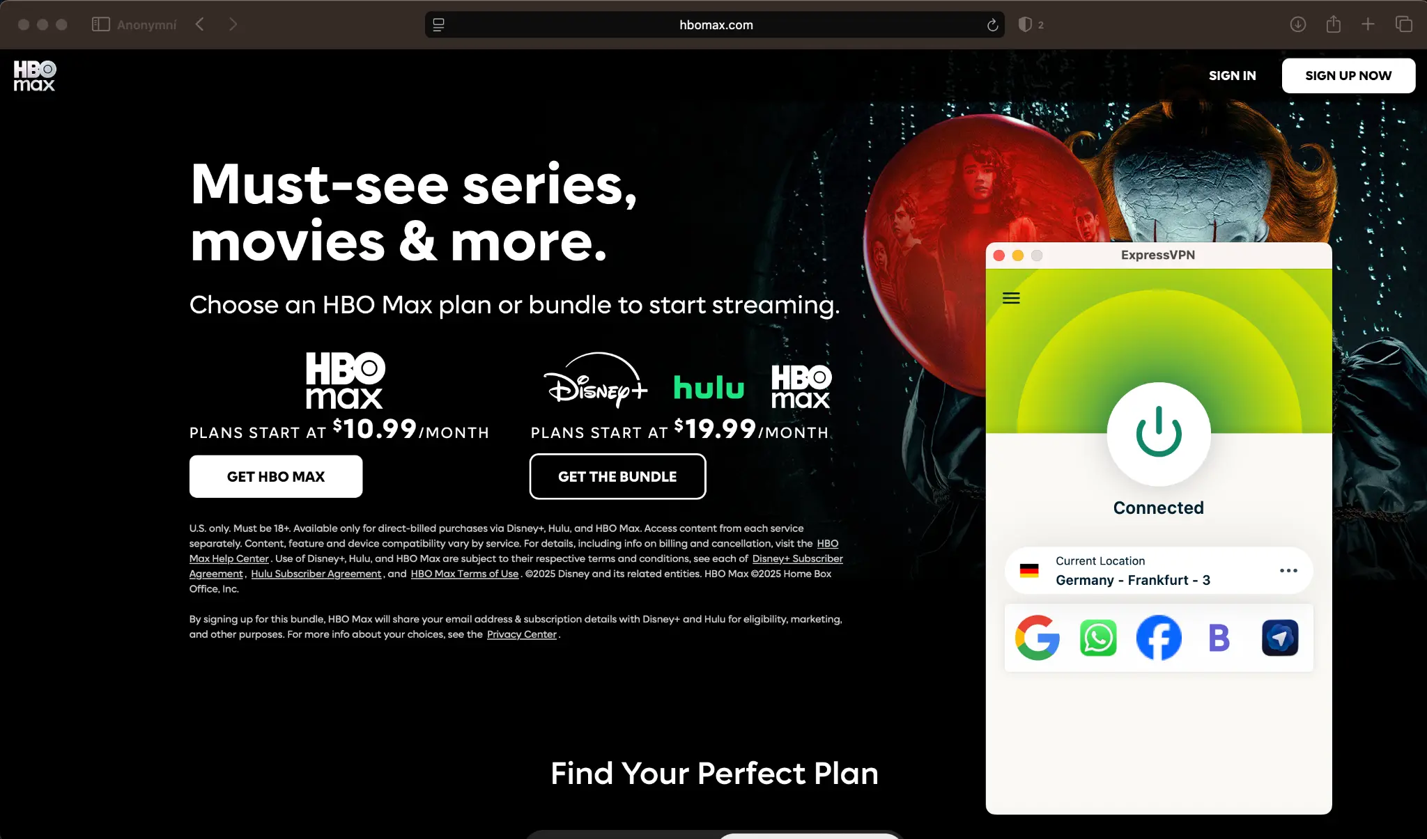 hbo-max-access-via-expressvpn | Venclikovi.com ExpressVPN connected to a Frankfurt server while unlocking HBO Max subscription plans on the official website
