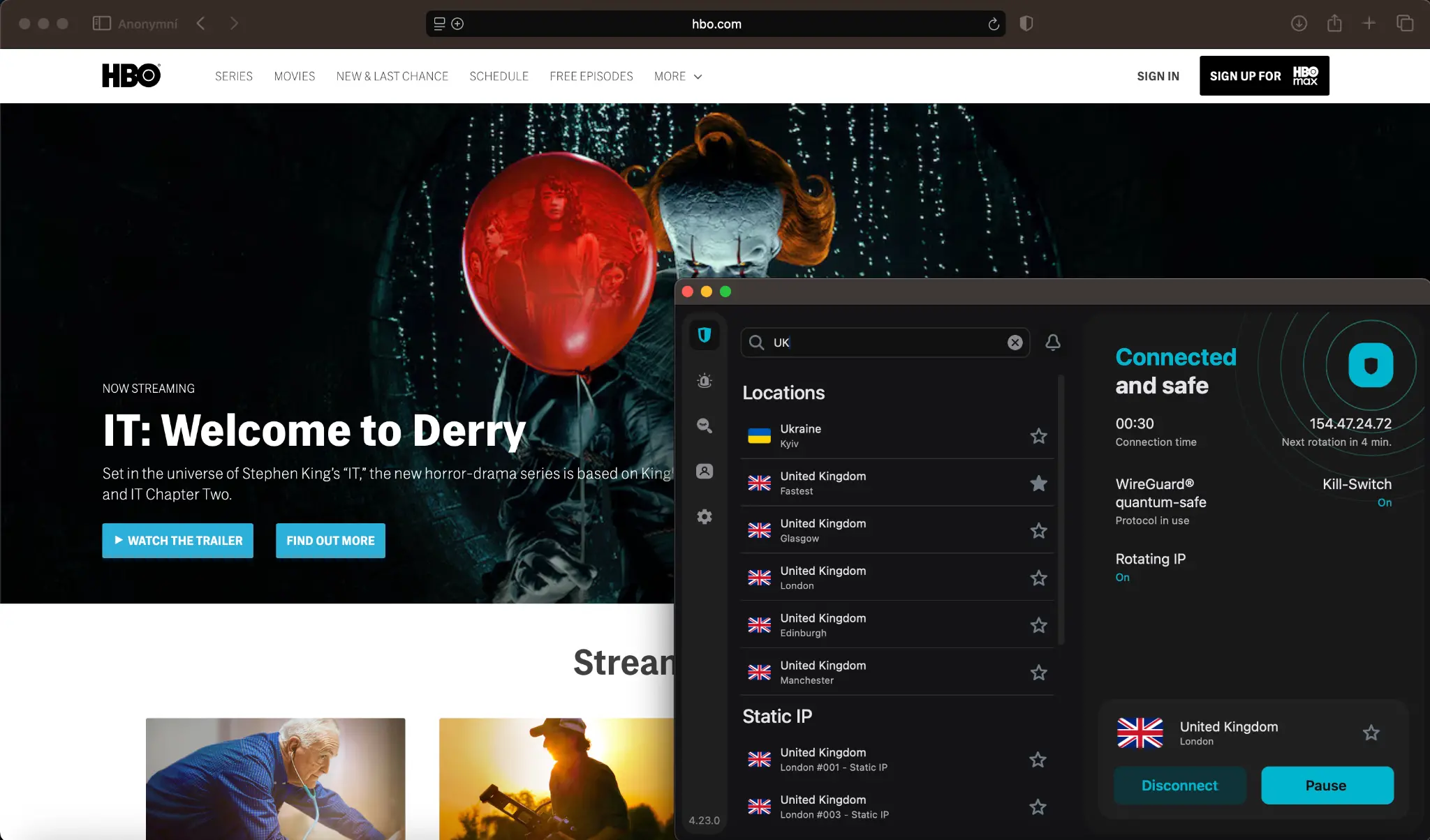 hbo-max-it-welcome-to-derry-stream-vpn | Venclikovi.com Surfshark VPN connected to United Kingdom server while streaming IT: Welcome to Derry on HBO website