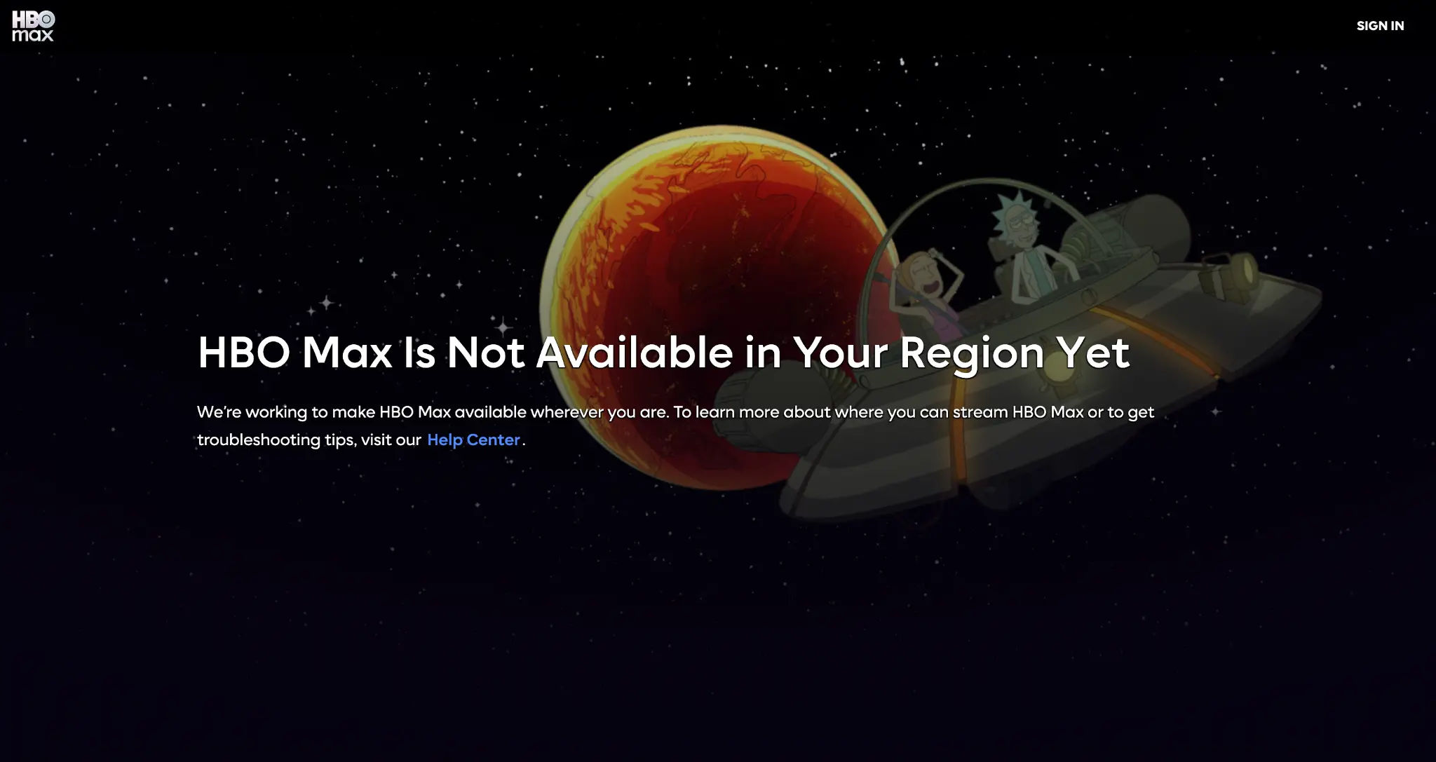 hbo-max-not-available-error-screen | Venclikovi.com HBO Max is not available in your region error screen with Rick and Morty background