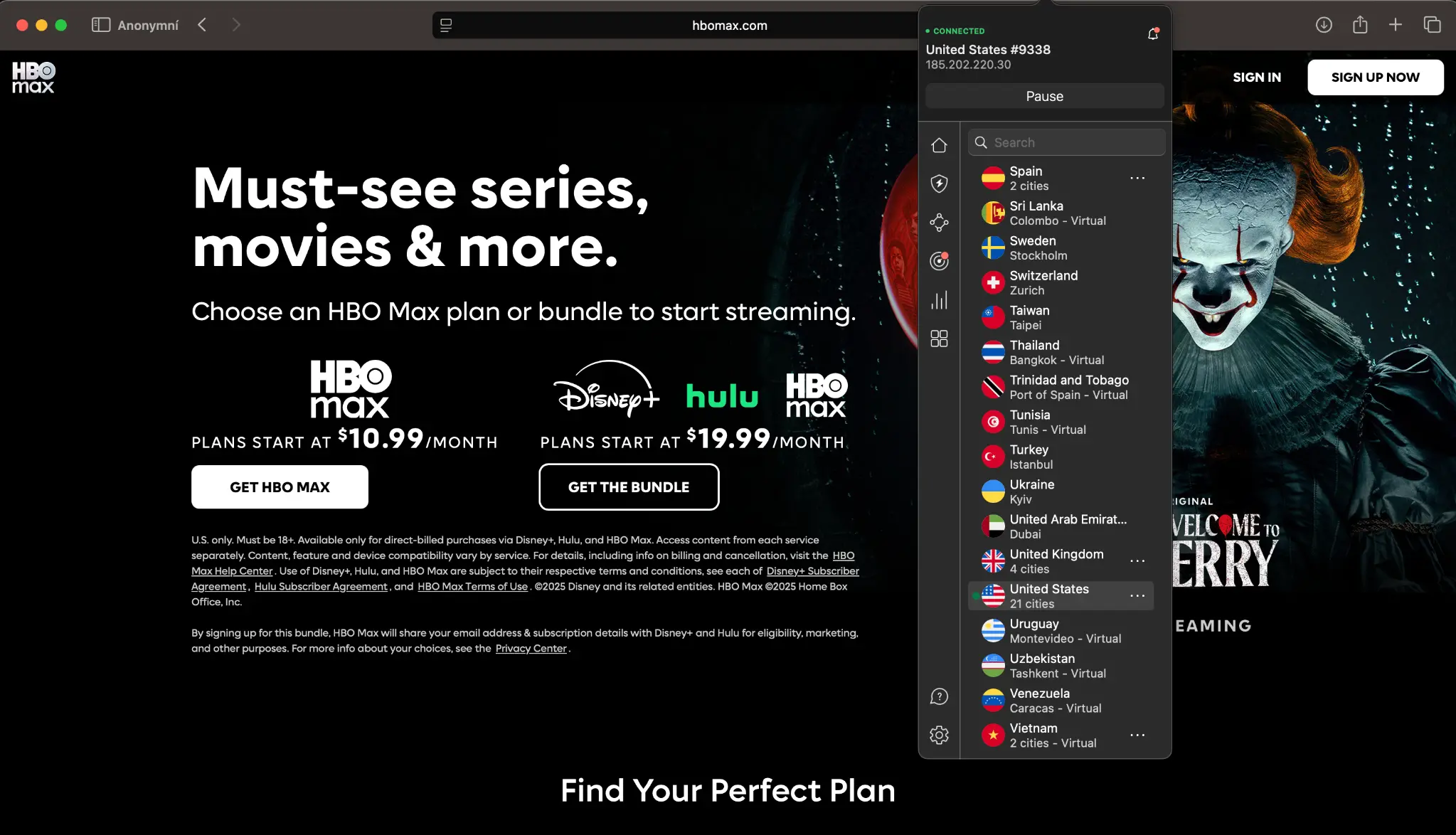 hbo-max-vpn-us-access-unlocked | Venclikovi.com HBO Max subscription page visible while using a VPN connected to the United States