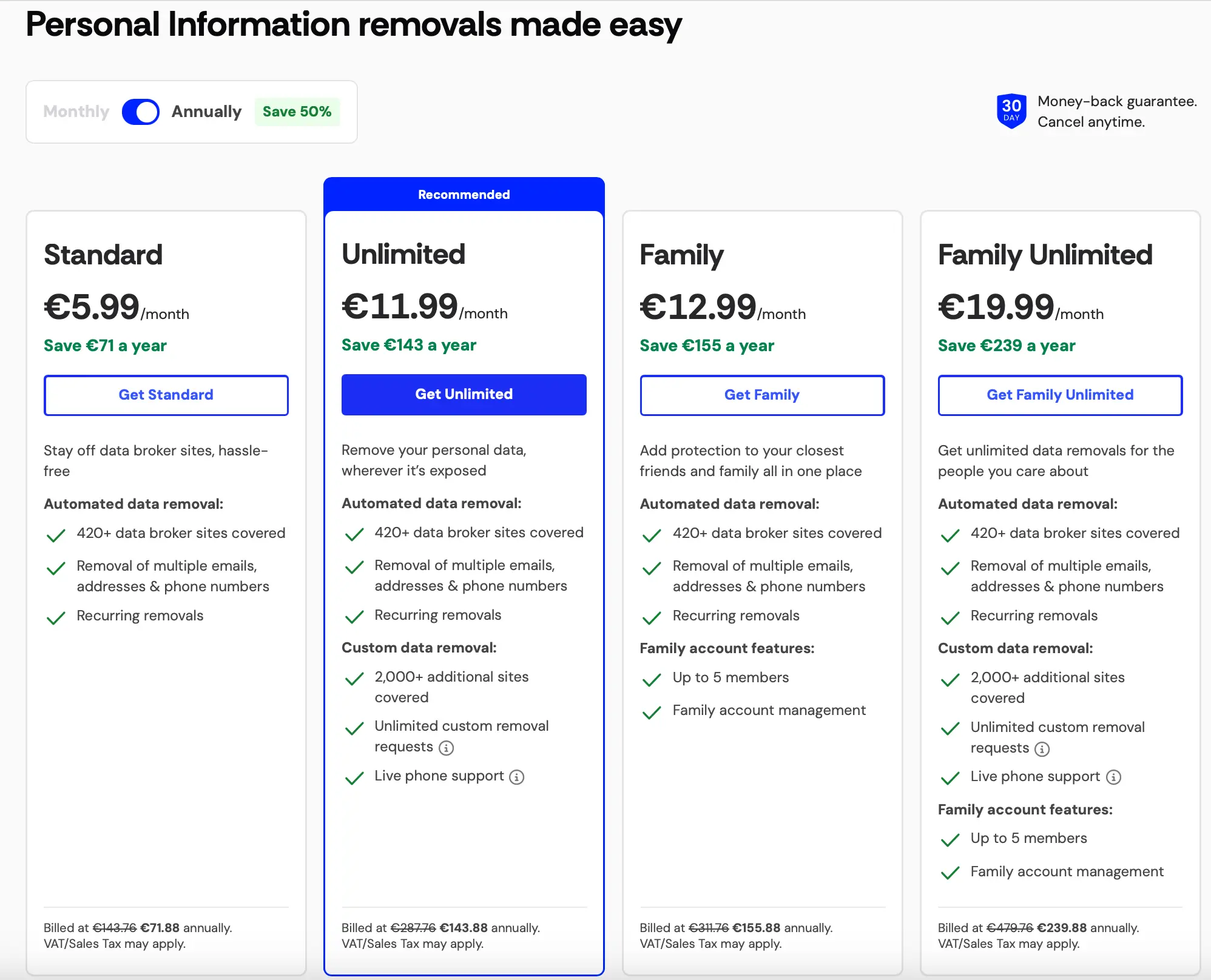 incogni-pricing-2025-annual-plans-comparison | Venclikovi.com Incogni annual pricing plans comparison for Standard Unlimited Family and Family Unlimited options showing savings with yearly billing