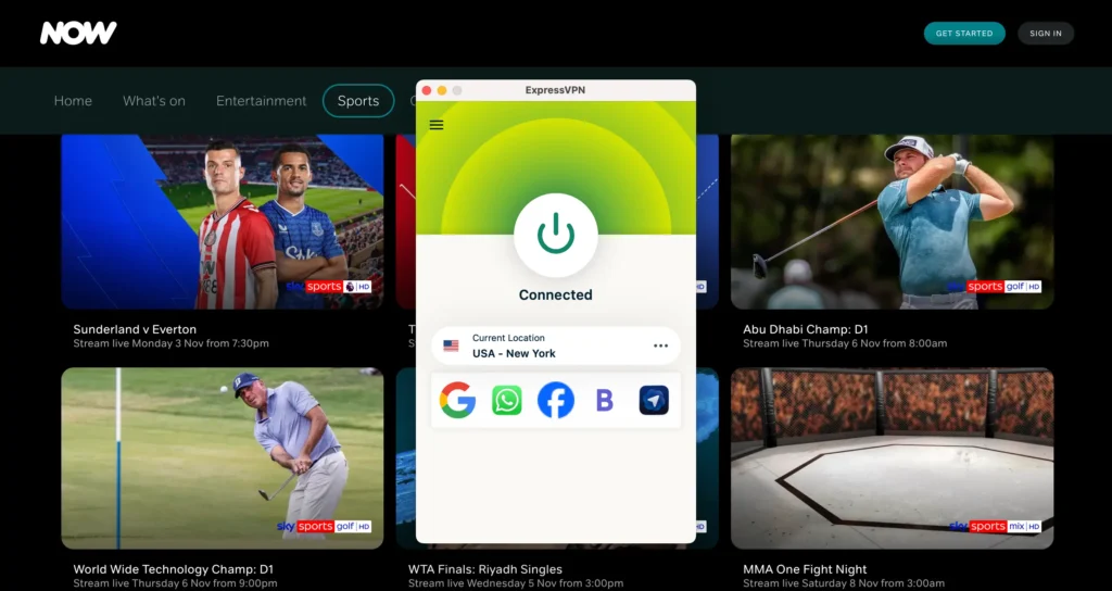 now tv sky sports abu dhabi golf expressvpn streaming | Venclikovi.com Now TV sports screen showing Abu Dhabi golf coverage while connected to ExpressVPN in the USA