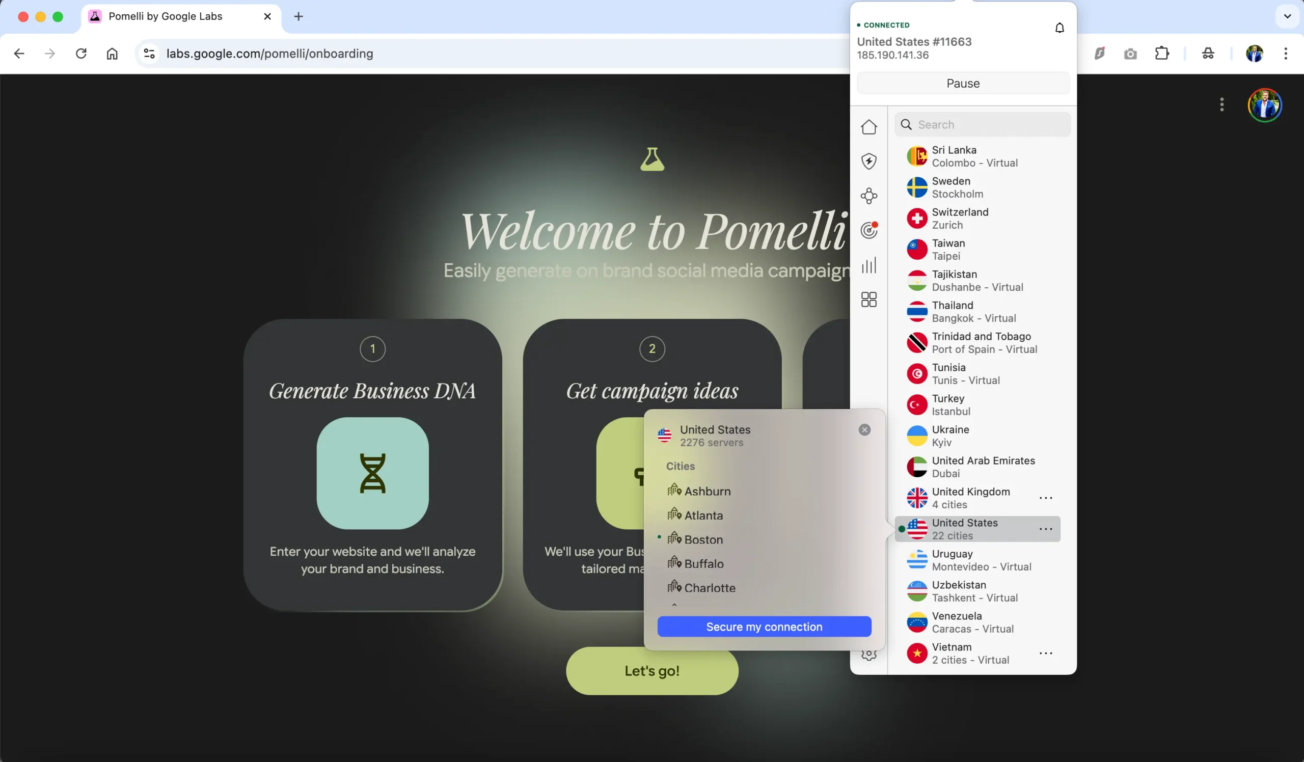pomelli-onboarding-us-vpn-access | Venclikovi.com Pomelli onboarding screen shown while connected through a US VPN server to access the tool outside the United States