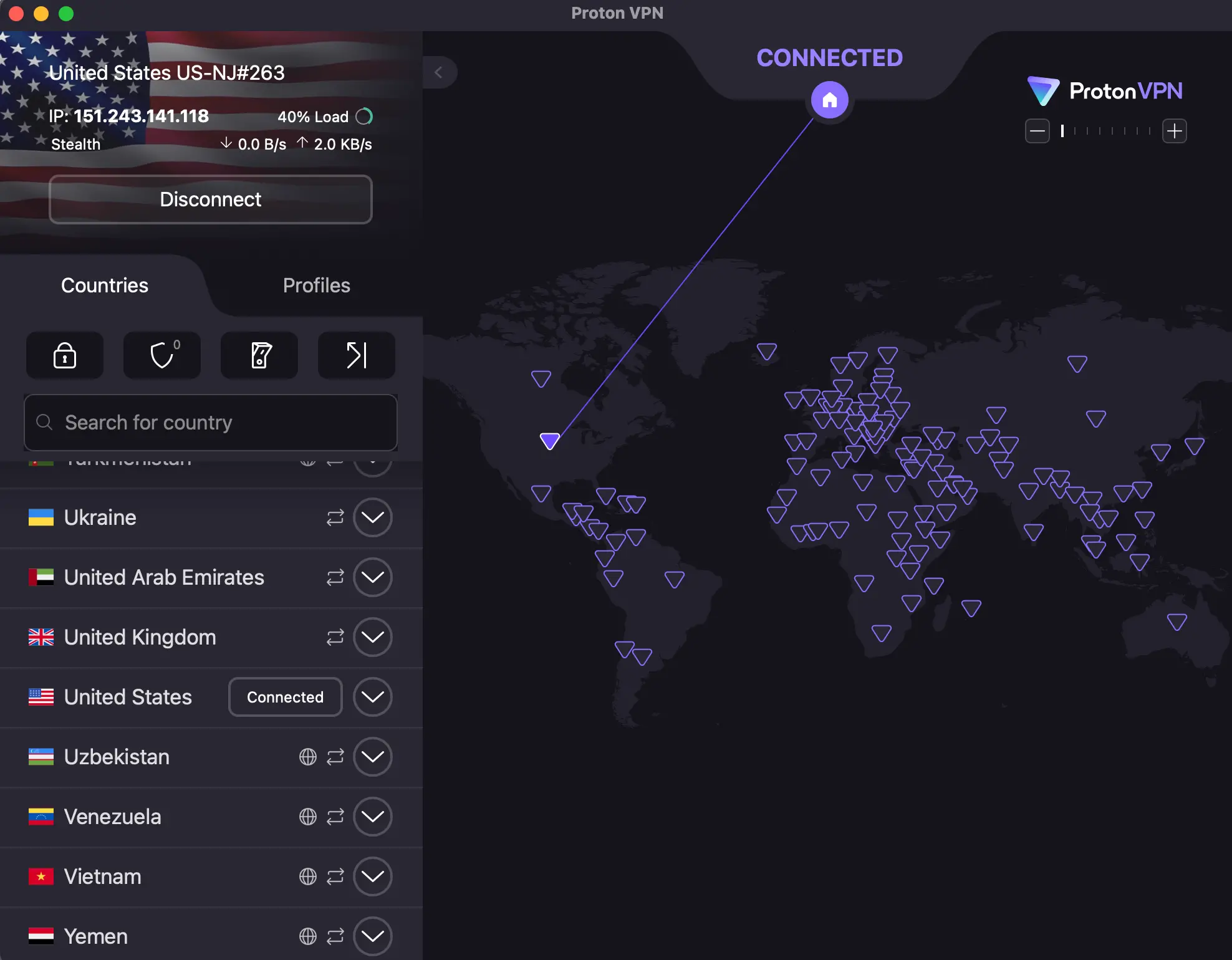 protonvpn-connected-usa-dashboard_securecore-off | Venclikovi.com Proton VPN connected to a US server with Secure Core disabled