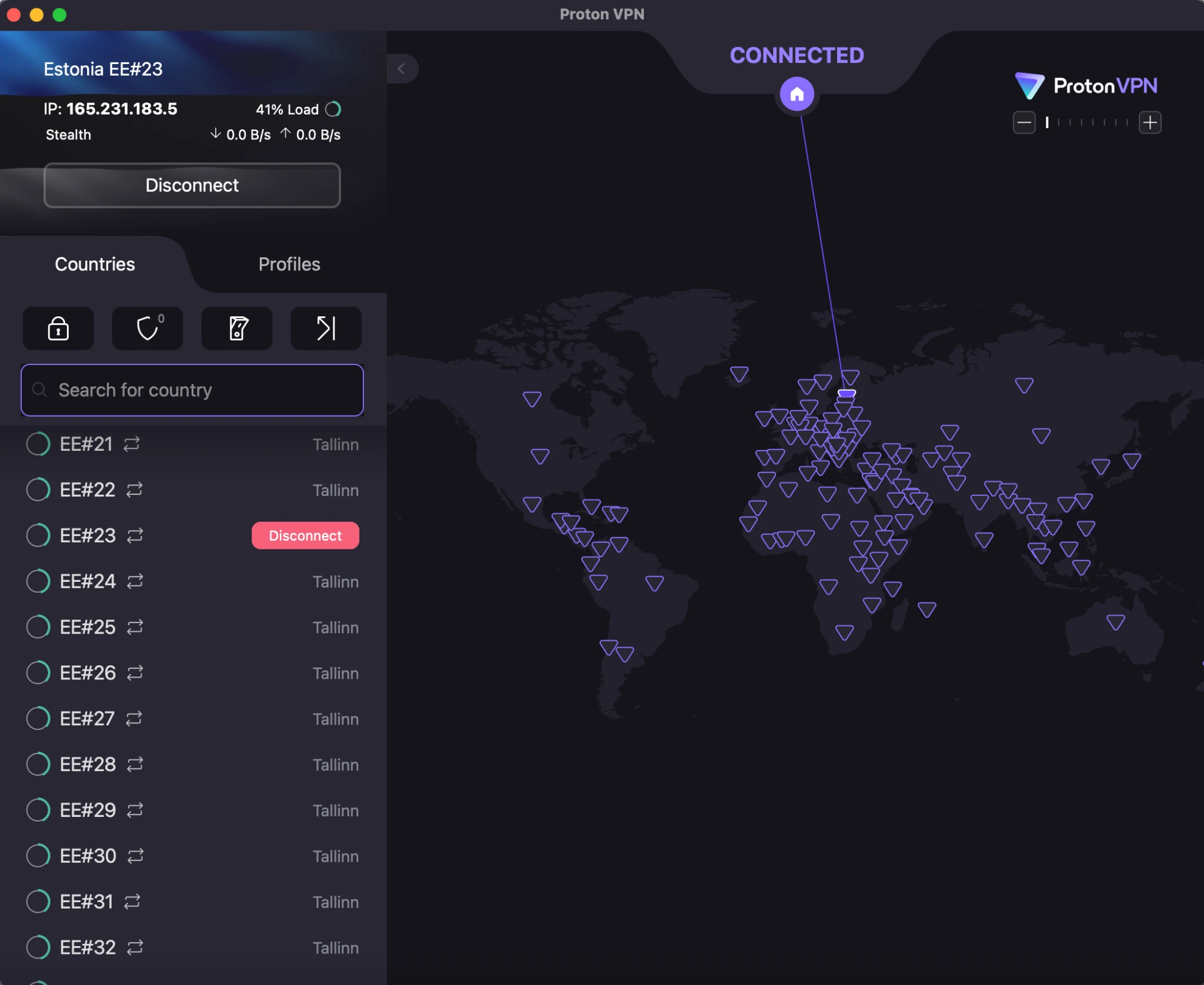 protonvpn-estonia-tallinn-stealth | Venclikovi.com ProtonVPN Estonia server EE#23 in Tallinn connected through Stealth mode, showing 41 percent load and reliable low-latency connection.